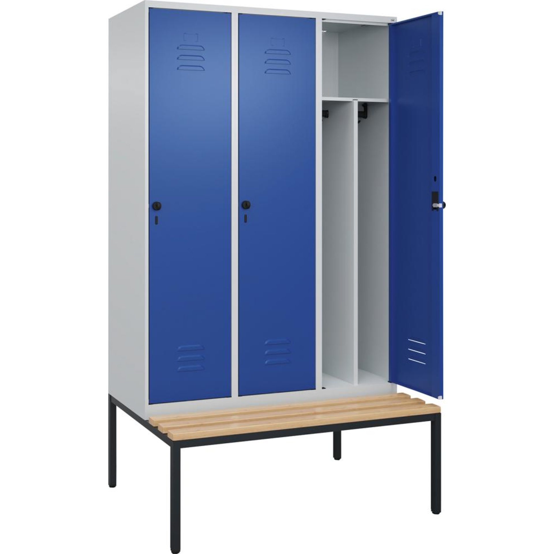 Gard.-Schrank TW CLASSIC B1200xT500xH2120 mm RAL 7035/5010, 3 Abteile mit untergeb. Sitzbank