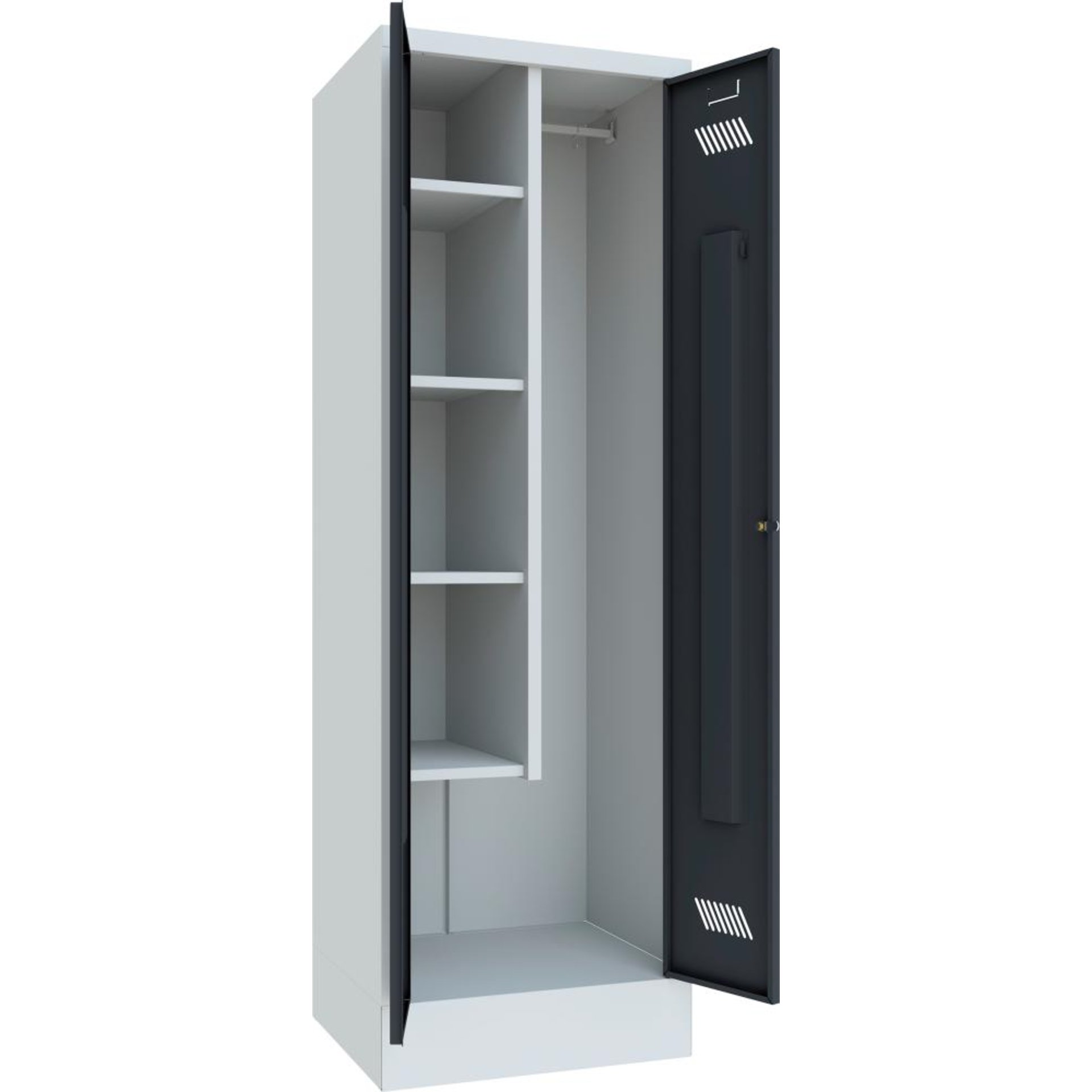 Putzmittelschrank verk. Trennwand, 4 Böden auf Sockel RAL 7035/7016 B600xT500xH1850mm