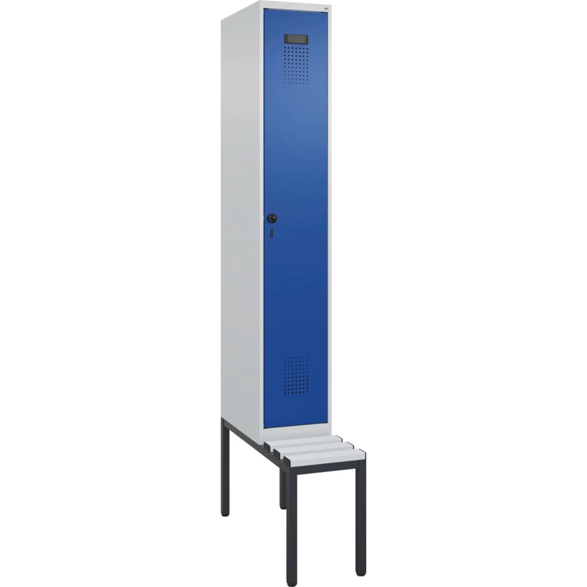 Garderobenschrank EVOLO mit U.-Bank, KST-Leisten RAL 7035/5010, 1 Abteil B300xT500xH2120mm