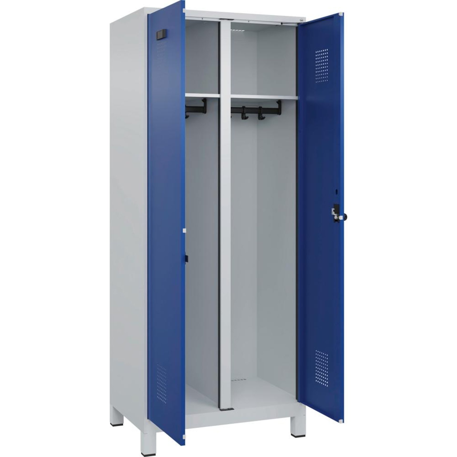 S/W-Gard.-Schrank EVOLO mit 100 mm hohen Füßen RAL 7035/5010, 2 Abteile B800xT500xH1950mm