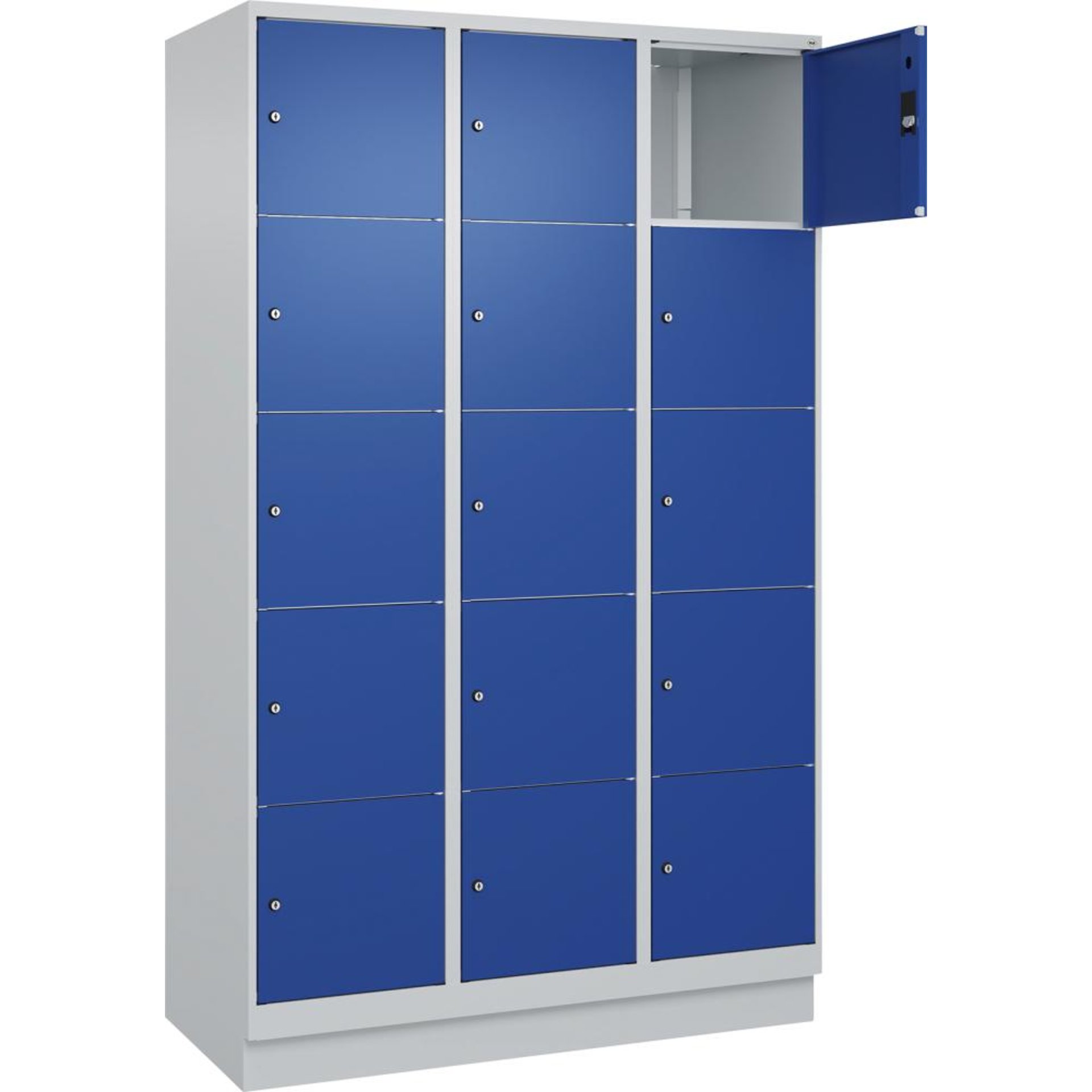 Fächerschrank CLASSIC B1200xT500xH1950 mm RAL 7035/5010, 3x5 Fächermit 100 mm hohem Sockel