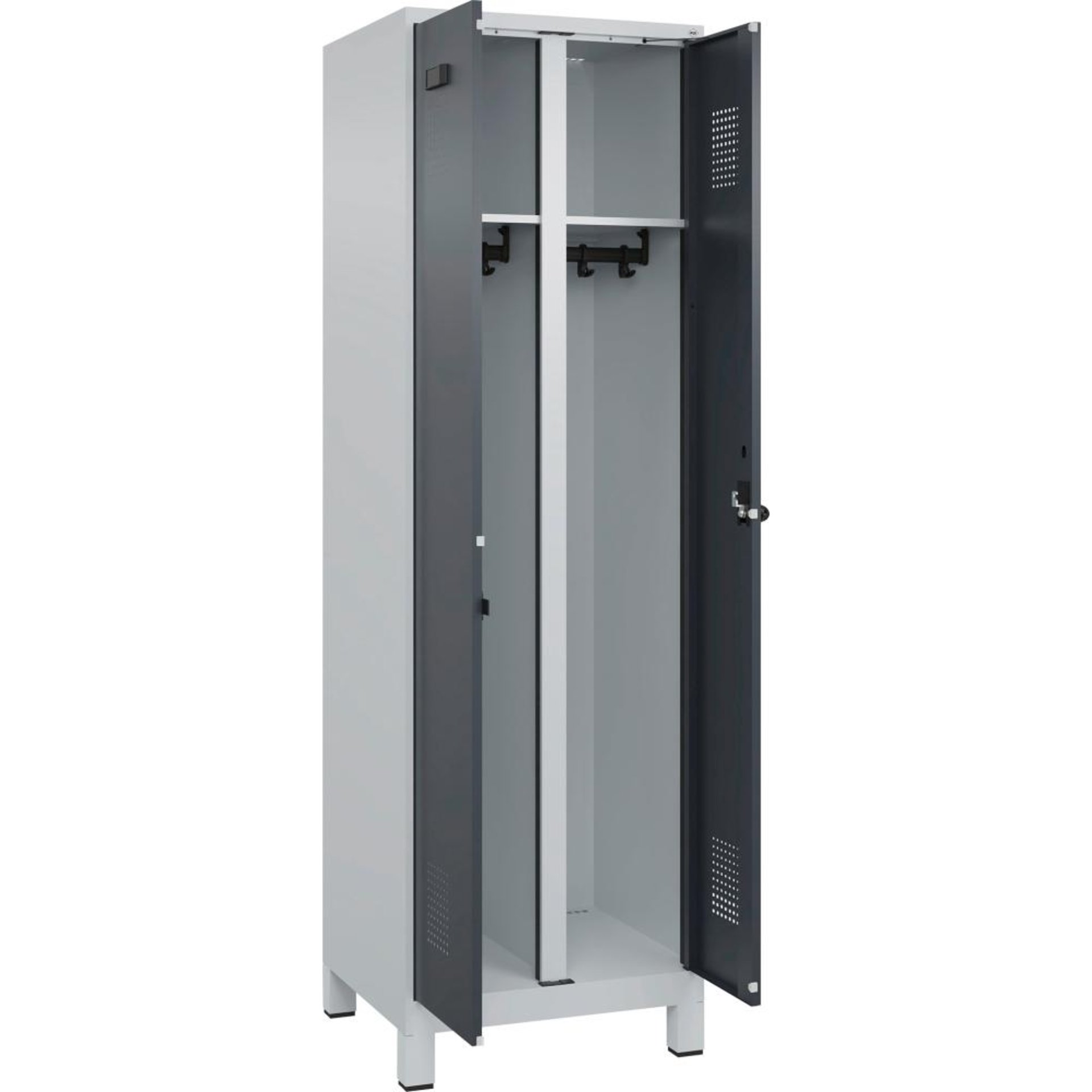 S/W-Gard.-Schrank EVOLO mit 100 mm hohen Füßen RAL 7035/7016, 2 Abteile B600xT500xH1950mm