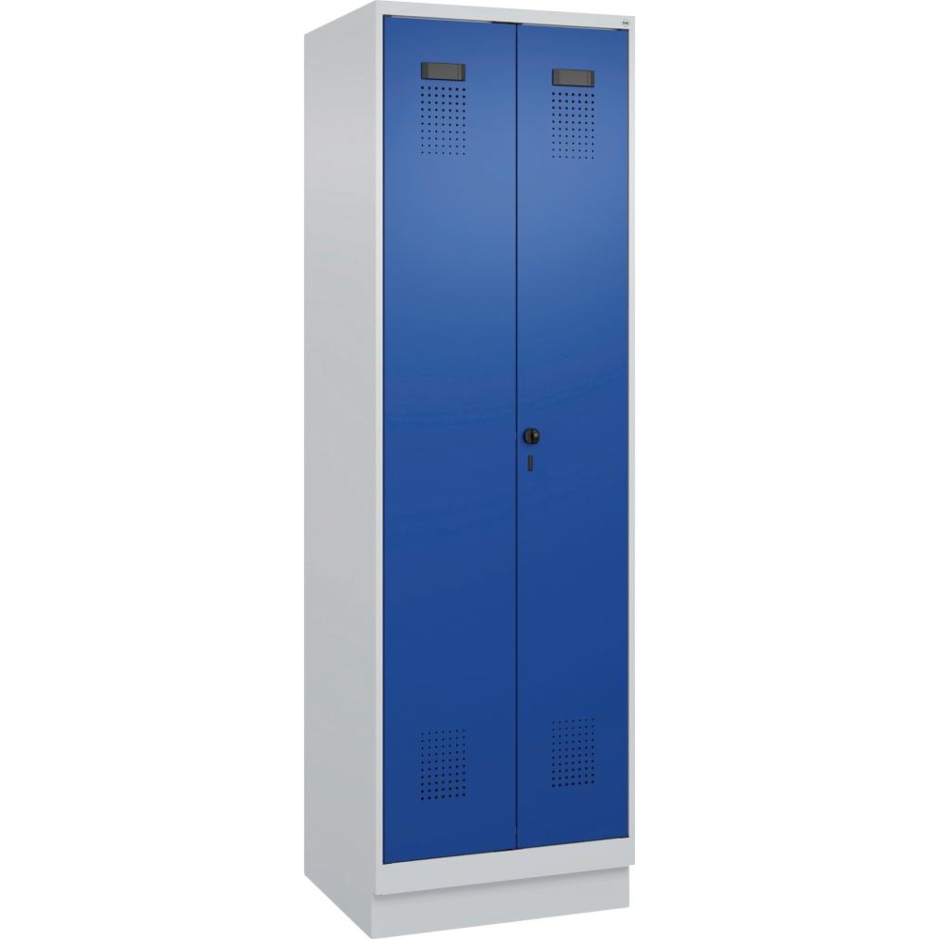 S/W-Gard.-Schrank EVOLO mit 100 mm hohem Sockel RAL 7035/5010, 2 Abteile B600xT500xH1950mm