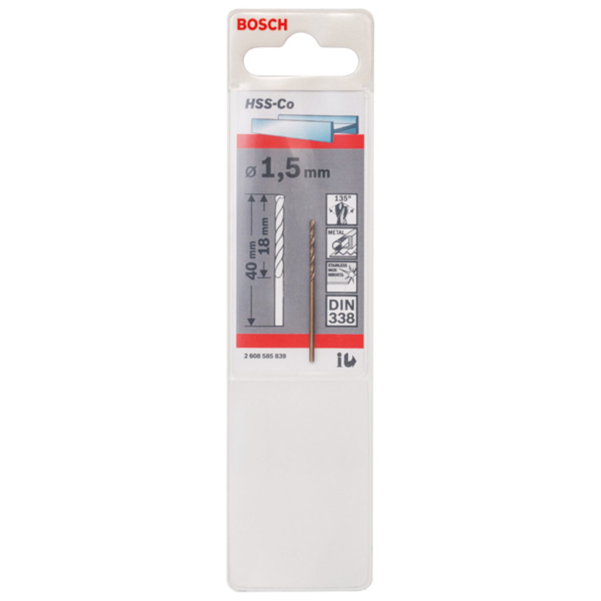 Metallbohrer HSS-Co, DIN 338, 1,5 x 18 x 40 mm, 1er-Pack
