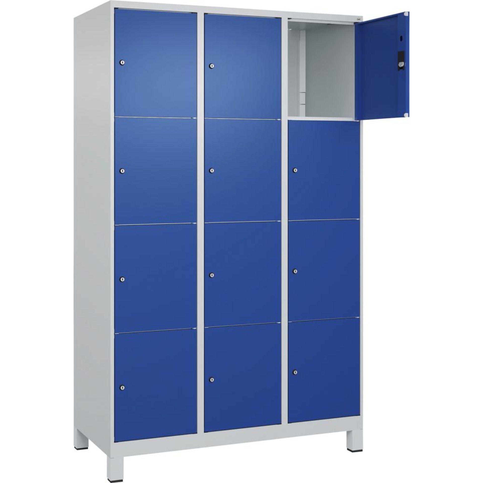 Fächerschrank CLASSIC B1200xT500xH1950 mm RAL 7035/5010, 3x4 Fächermit 100 mm hohen Füßen