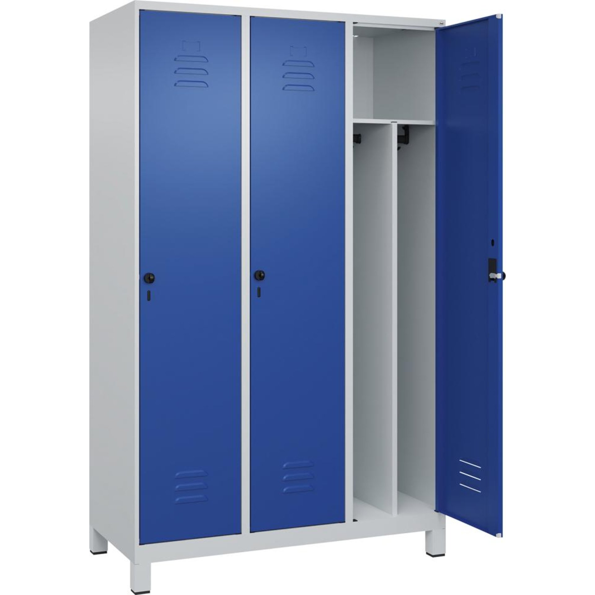 Gard.-Schrank TW CLASSIC B1200xT500xH1950 mm RAL 7035/5010, 3 Abteile mit 100 mm hohen Füßen