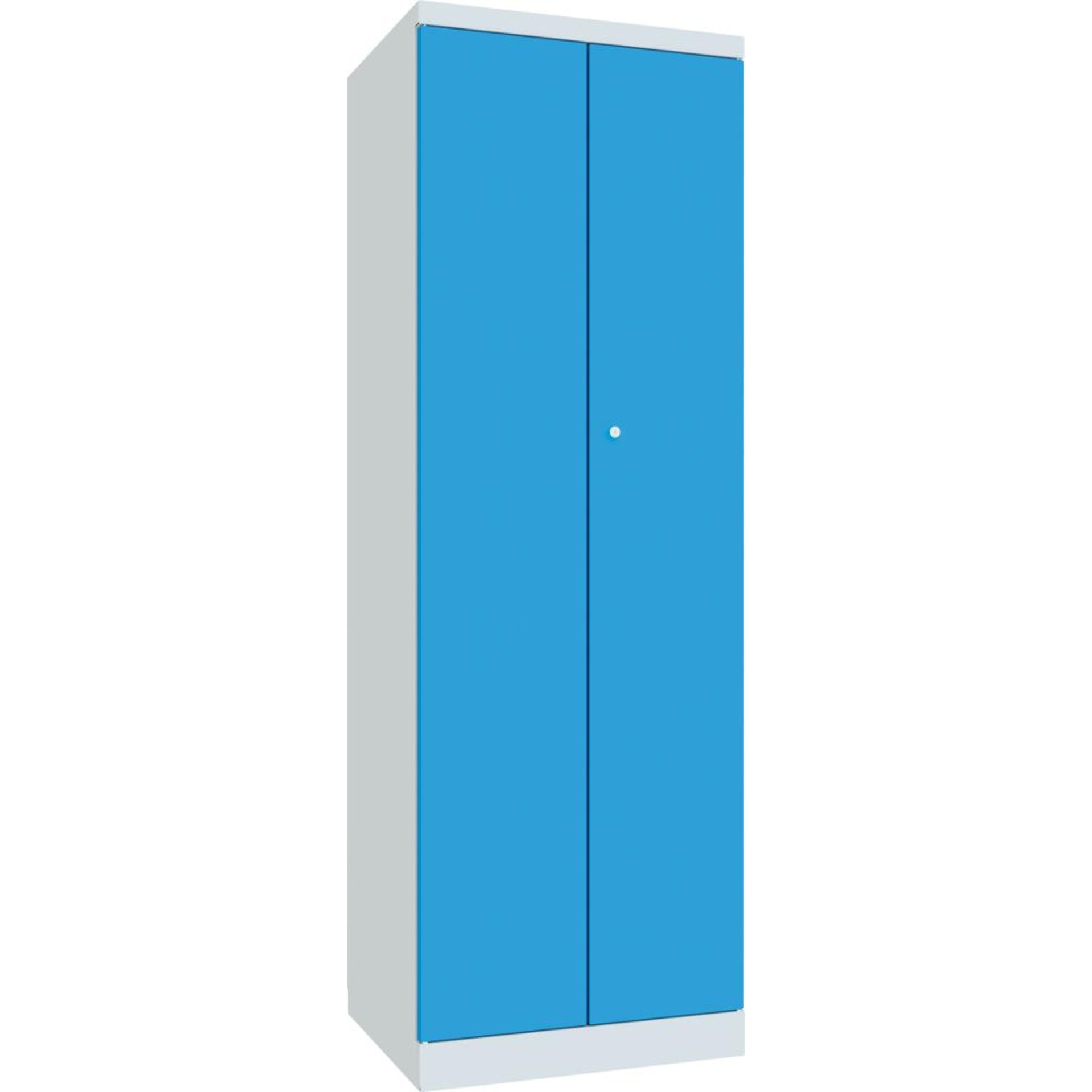 Putzmittelschrank Trennwand, 4 Böden 180° auf Sockel RAL 7035/5012 B600xT500xH1800mm