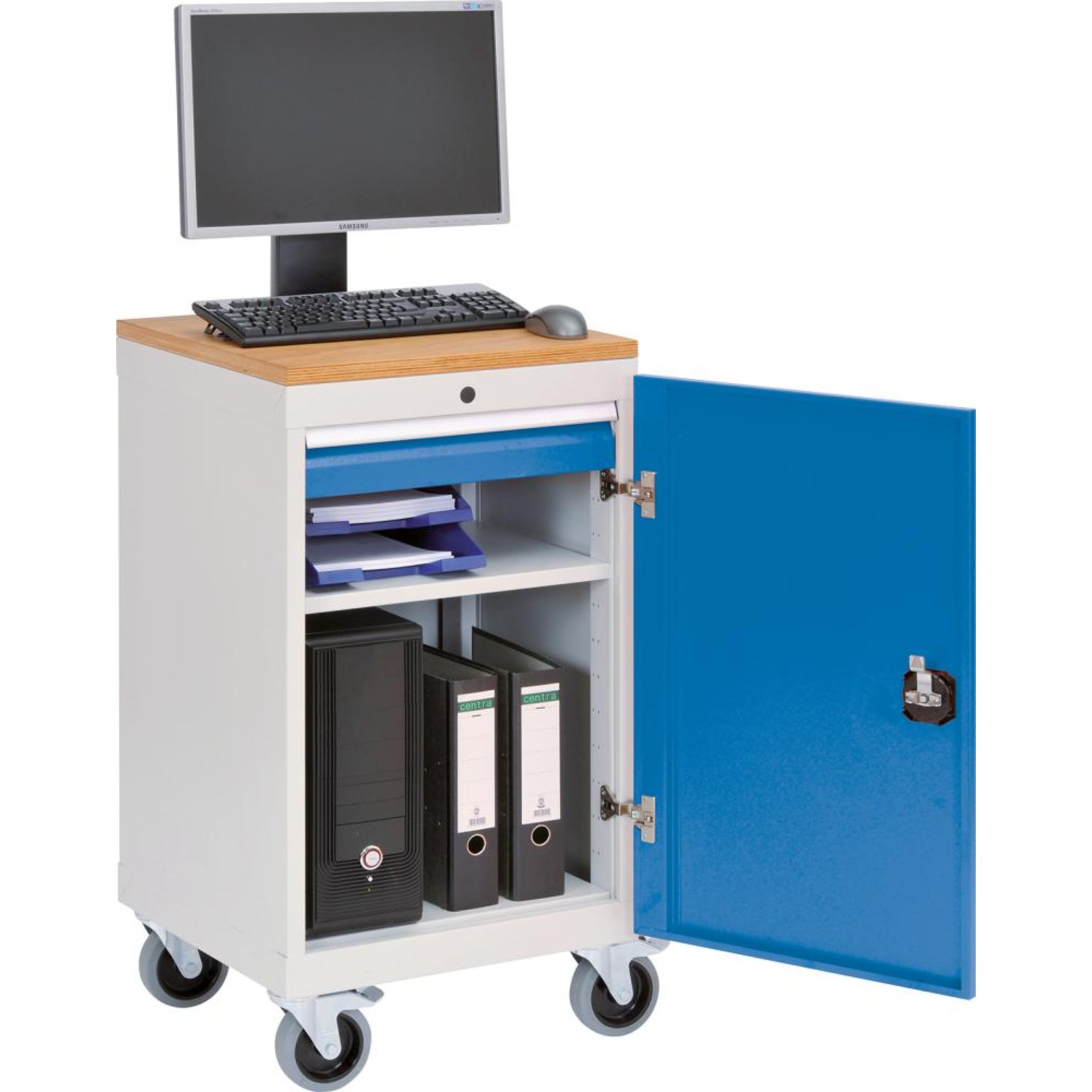 Computerwagen mit Arbeitsplatte, 1 Tür Tasturauszug, Buche MP B530xT500xH1000mm
