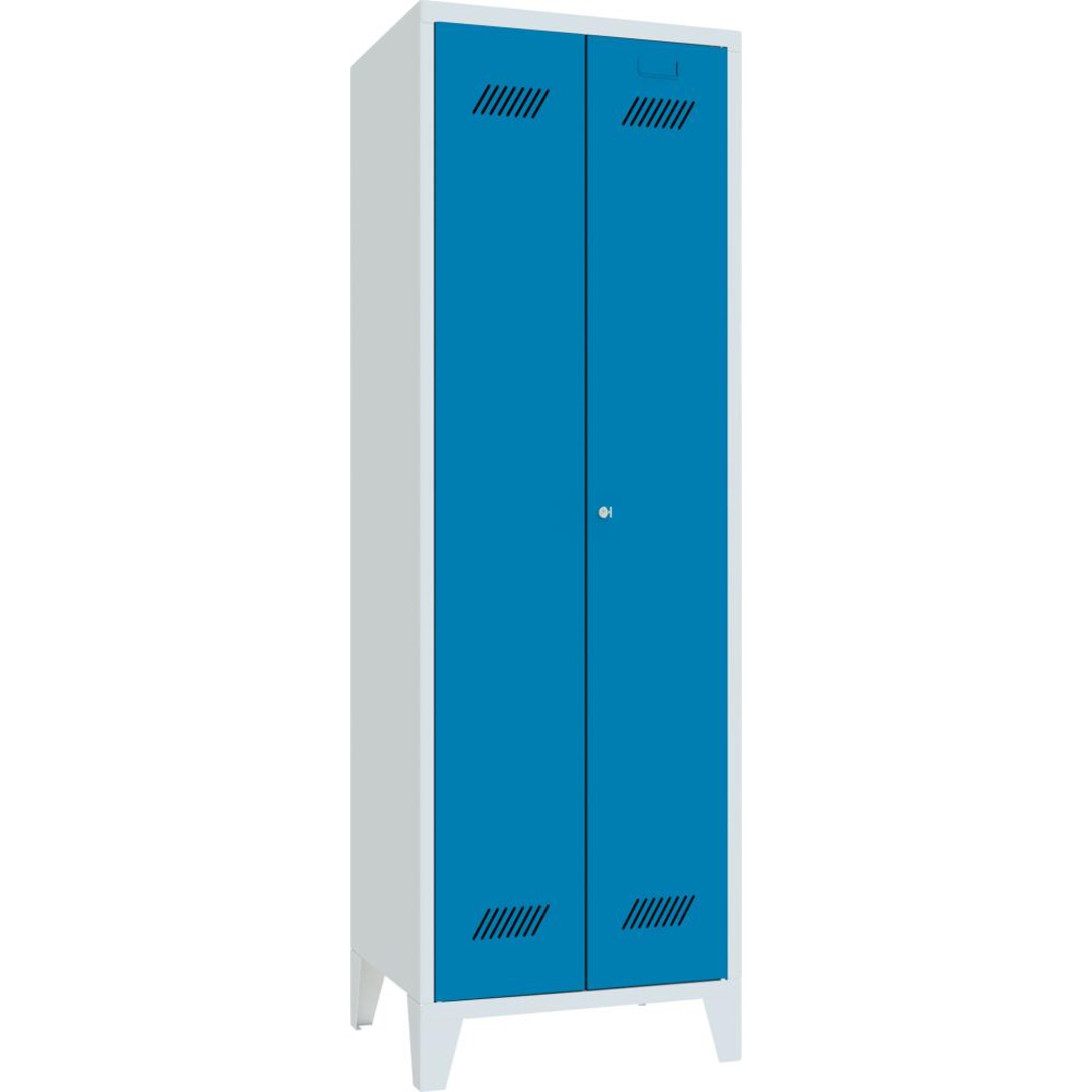 Putzmittelschrank verk. Trennwand, 4 Böden auf Füßen RAL 7035/5012 B600xT500xH1850mm