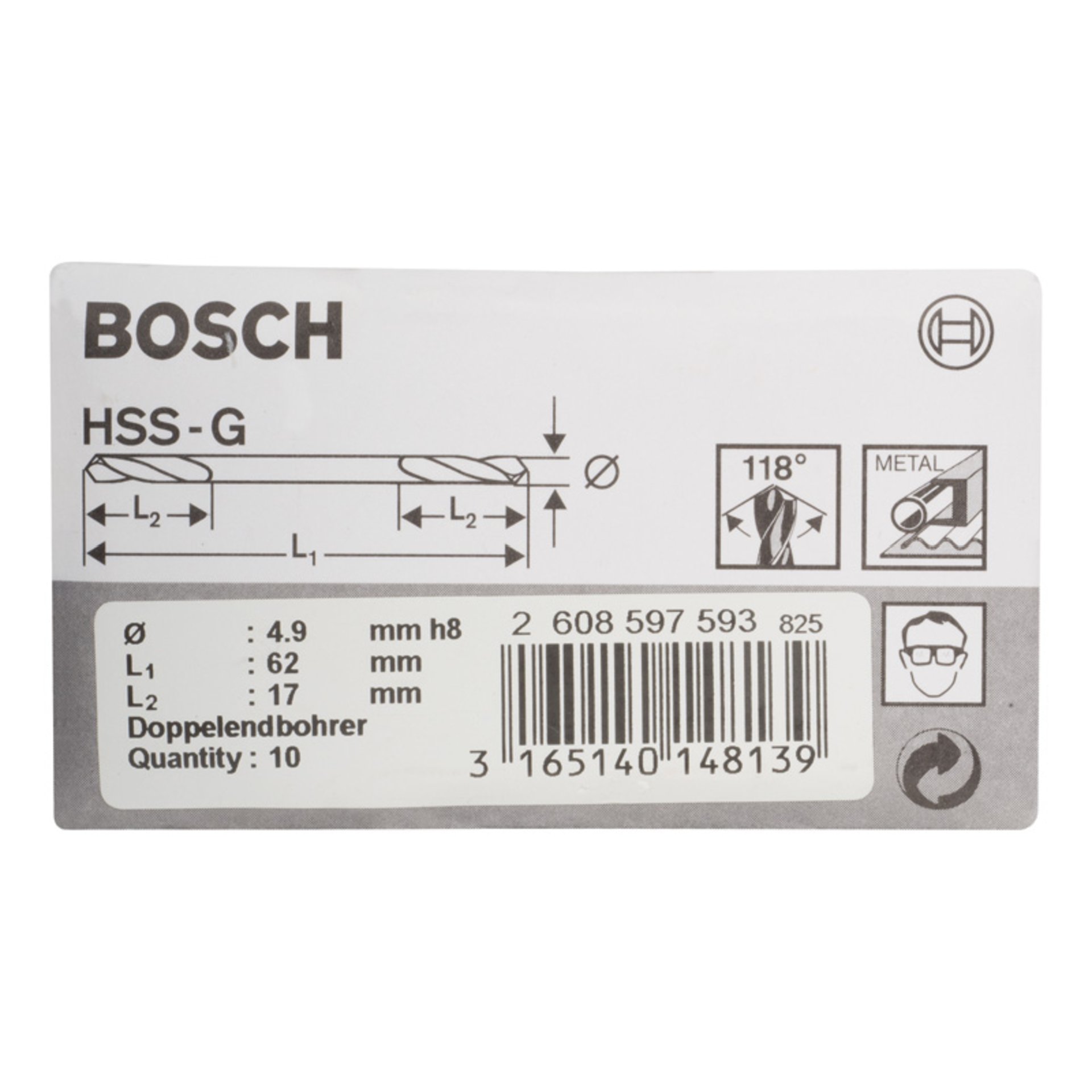 PRO Metal HSS-G Spiralbohrer mit Doppelklinge, 4,9 x 17 x 62 mm, 10-tlg.