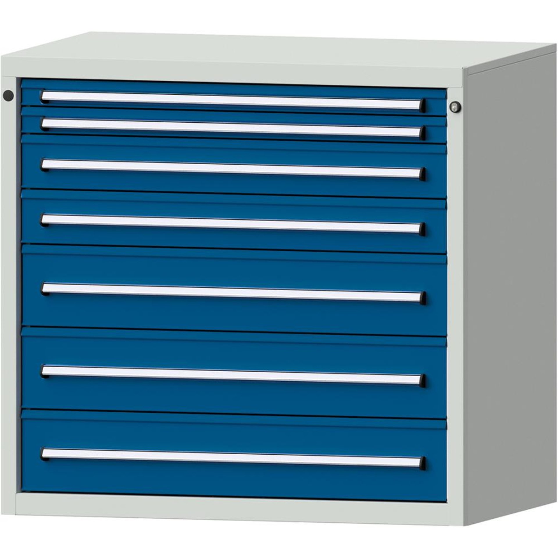 Format Schubladenschrank B1060xT700xH1000mm RAL7035/5010 7 Schubladen 75kg