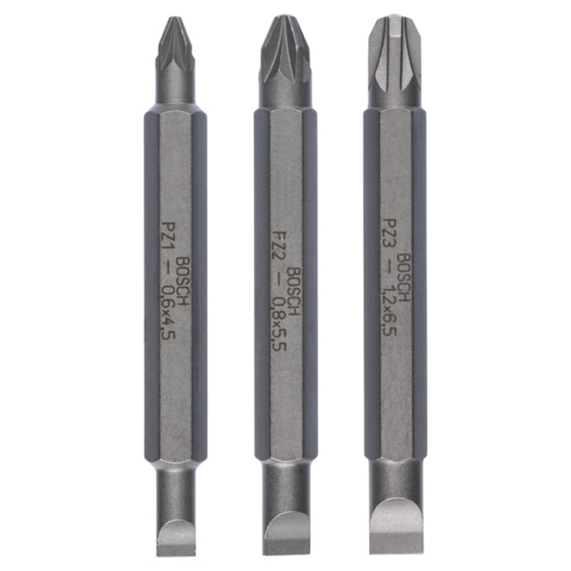 Doppelklingenbit-Set, 3-teilig, S0,6x4,5, PZ1, S0,8x5,5, PZ2, S1,2x6,5, PZ3,60mm
