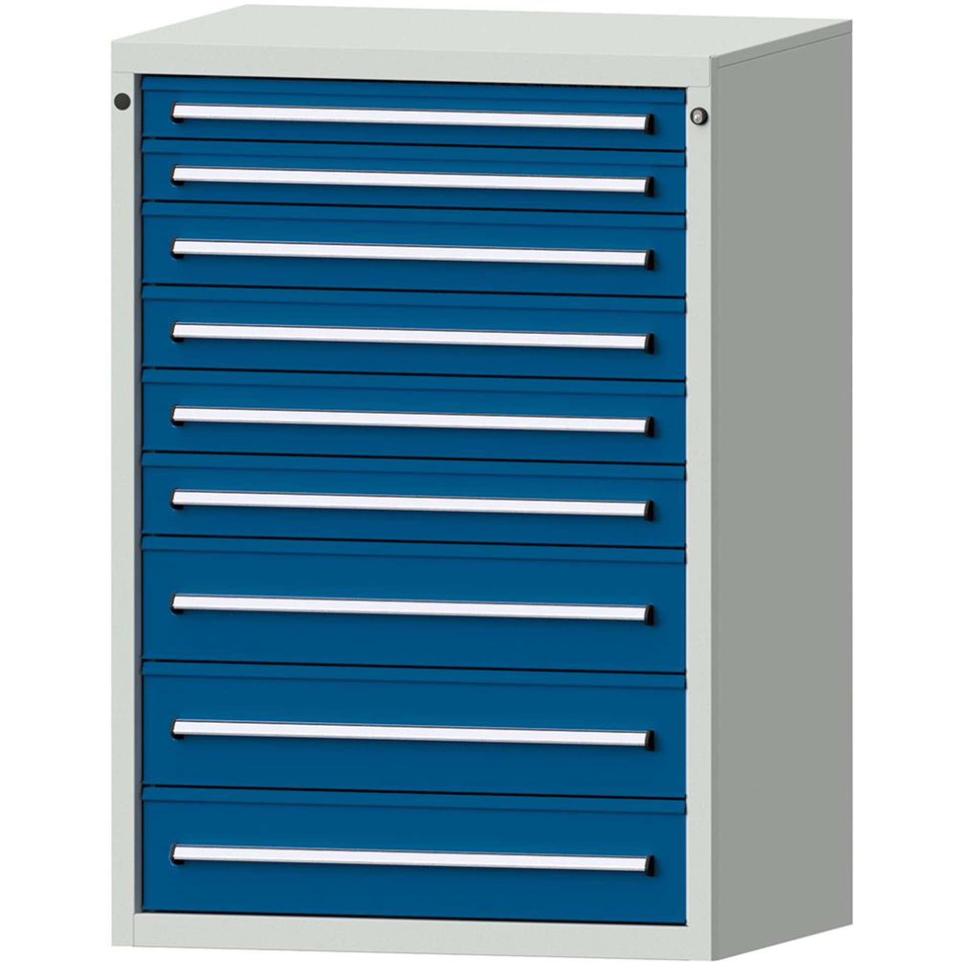 Format Schubladenschrank B910xT700xH1300mm RAL7035/5010 9 Schubladen 75kg