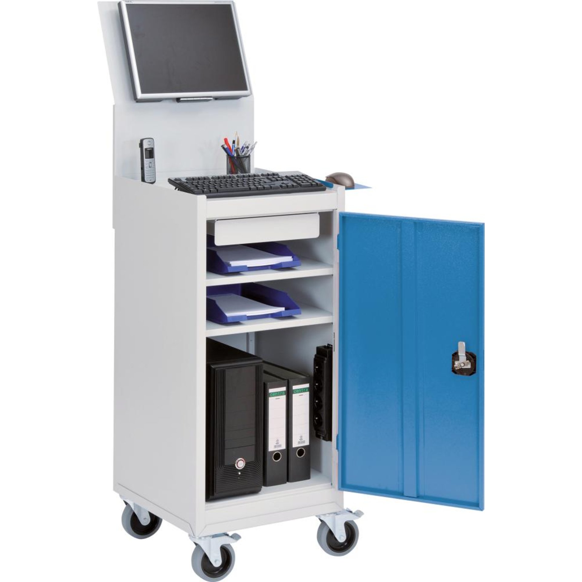 Computerschrank Office mobil 1 Tür 1 Schublade 4er-Steckd. VESA-Halter B500xT500xH1725mm