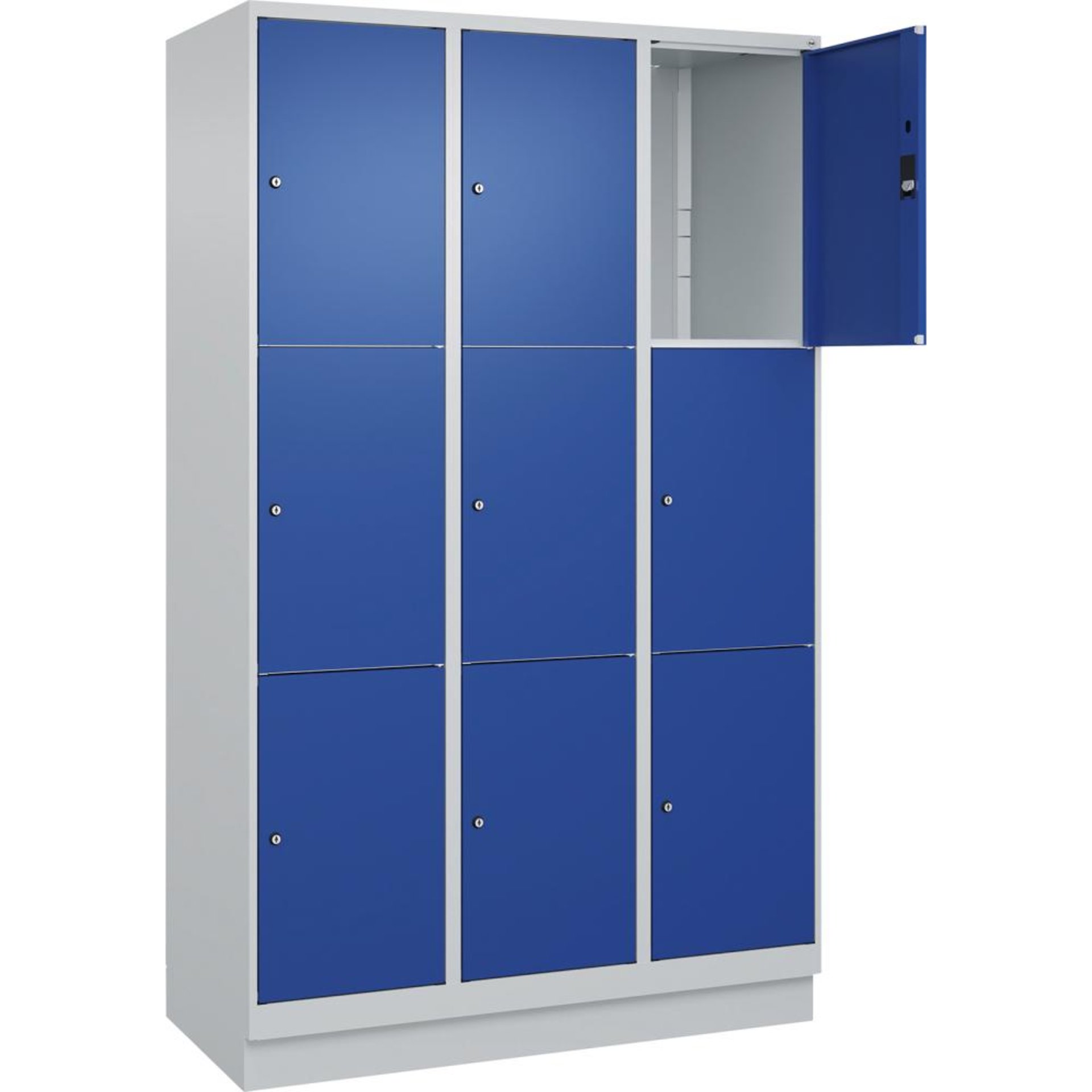 Fächerschrank CLASSIC B1200xT500xH1950 mm RAL 7035/5010, 3x3 Fächermit 100 mm hohem Sockel