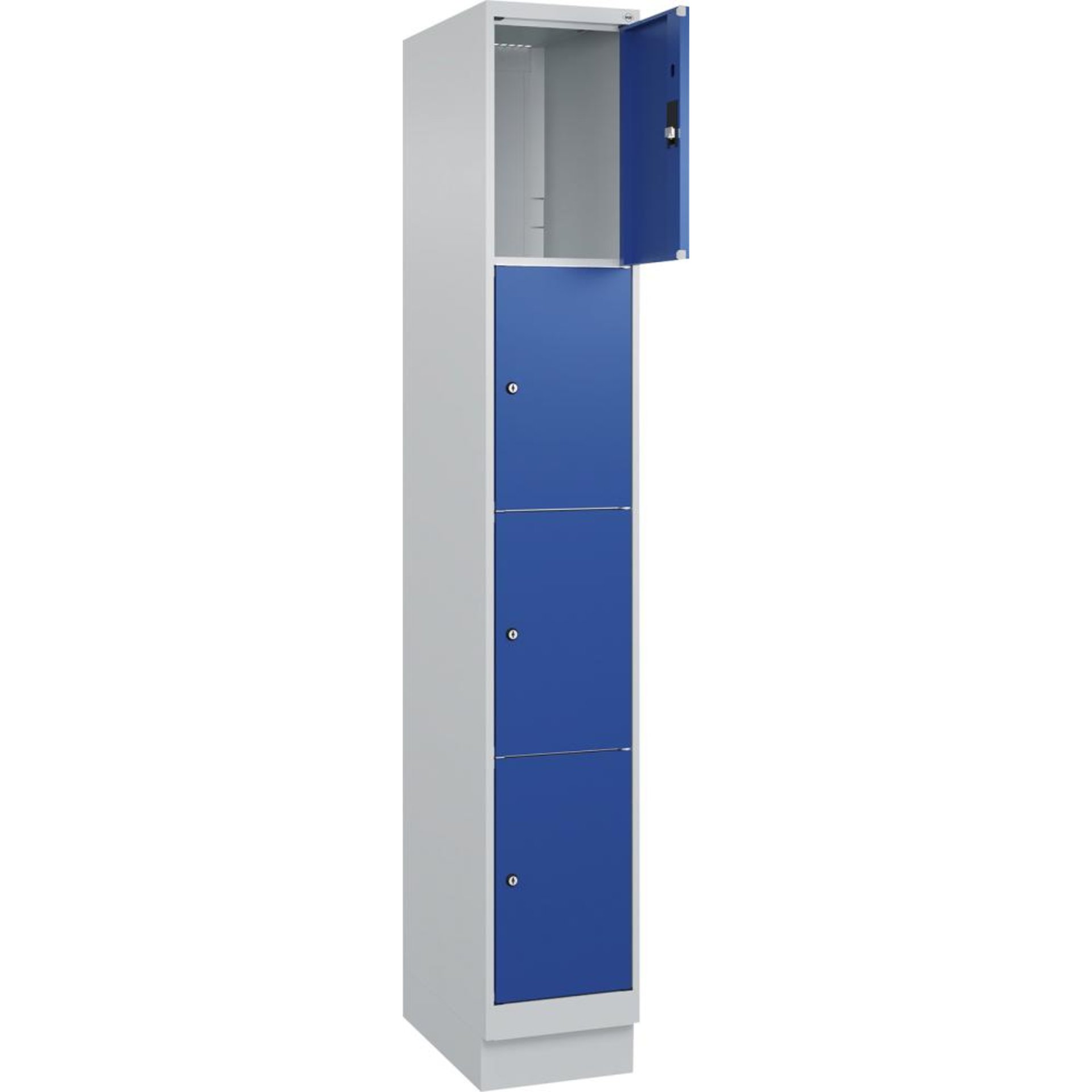 Fächerschrank CLASSIC B300xT500xH1950 mm RAL 7035/5010, 1x4 Fächermit 100 mm hohem Sockel