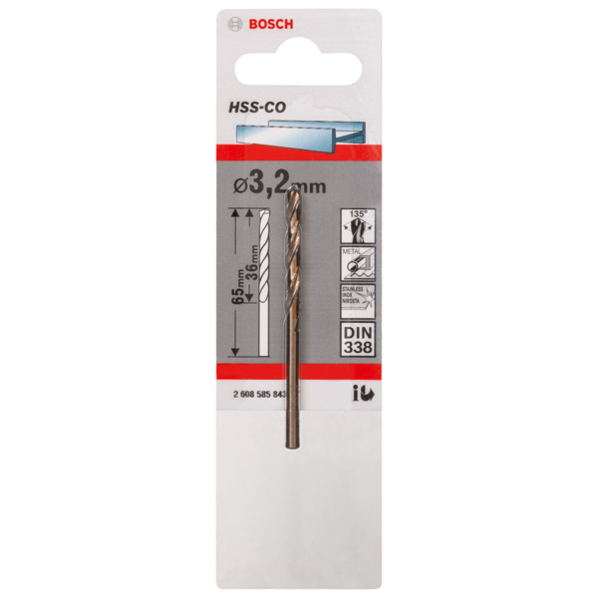 Metallbohrer HSS-Co, DIN 338, 3,2 x 36 x 65 mm, 1er-Pack