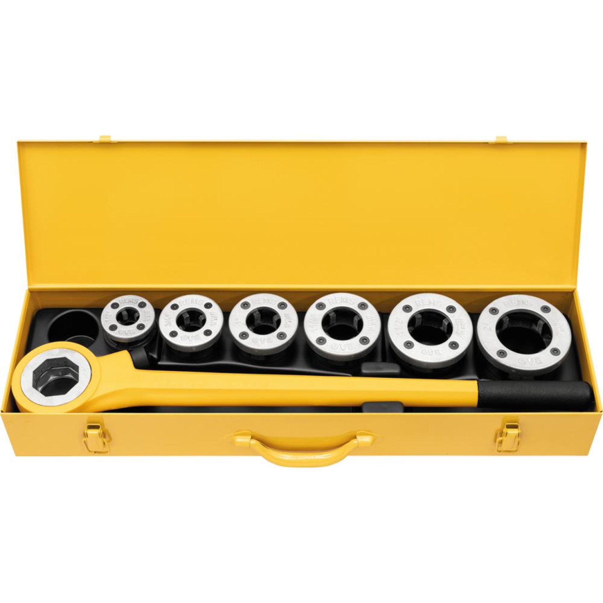 eva Set R 1/2 -3/4 -1- 1 1/4-1 1/2-2 Hand-Gewindeschneidkluppeim Stahlblechkasten Rems
