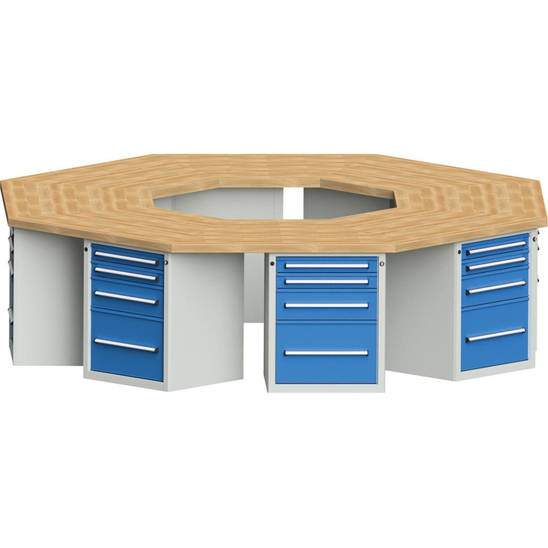 Anke 8-Eck-Werkbank B3018xT3266xH850mm RAL7035/5012 BMP: 50 mm 8 Schränke mit je 4 SL