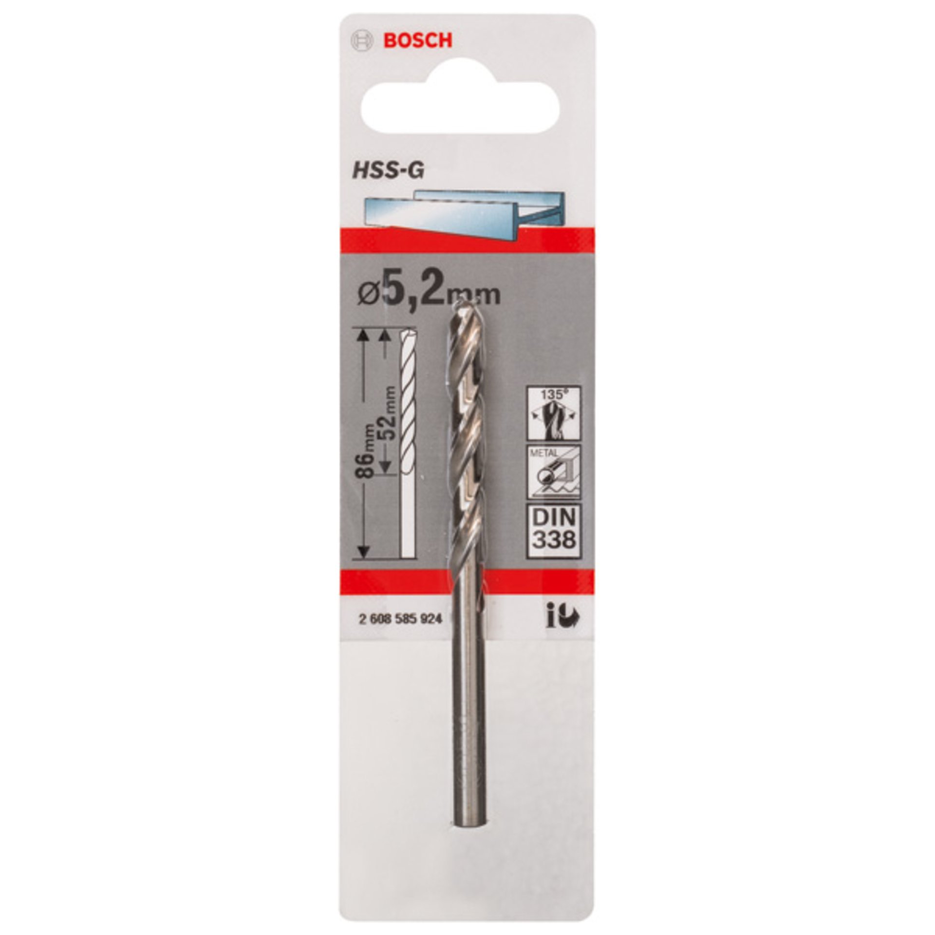 Metallbohrer HSS-G, DIN 338, 5,2 x 52 x 86 mm, 1er-Pack