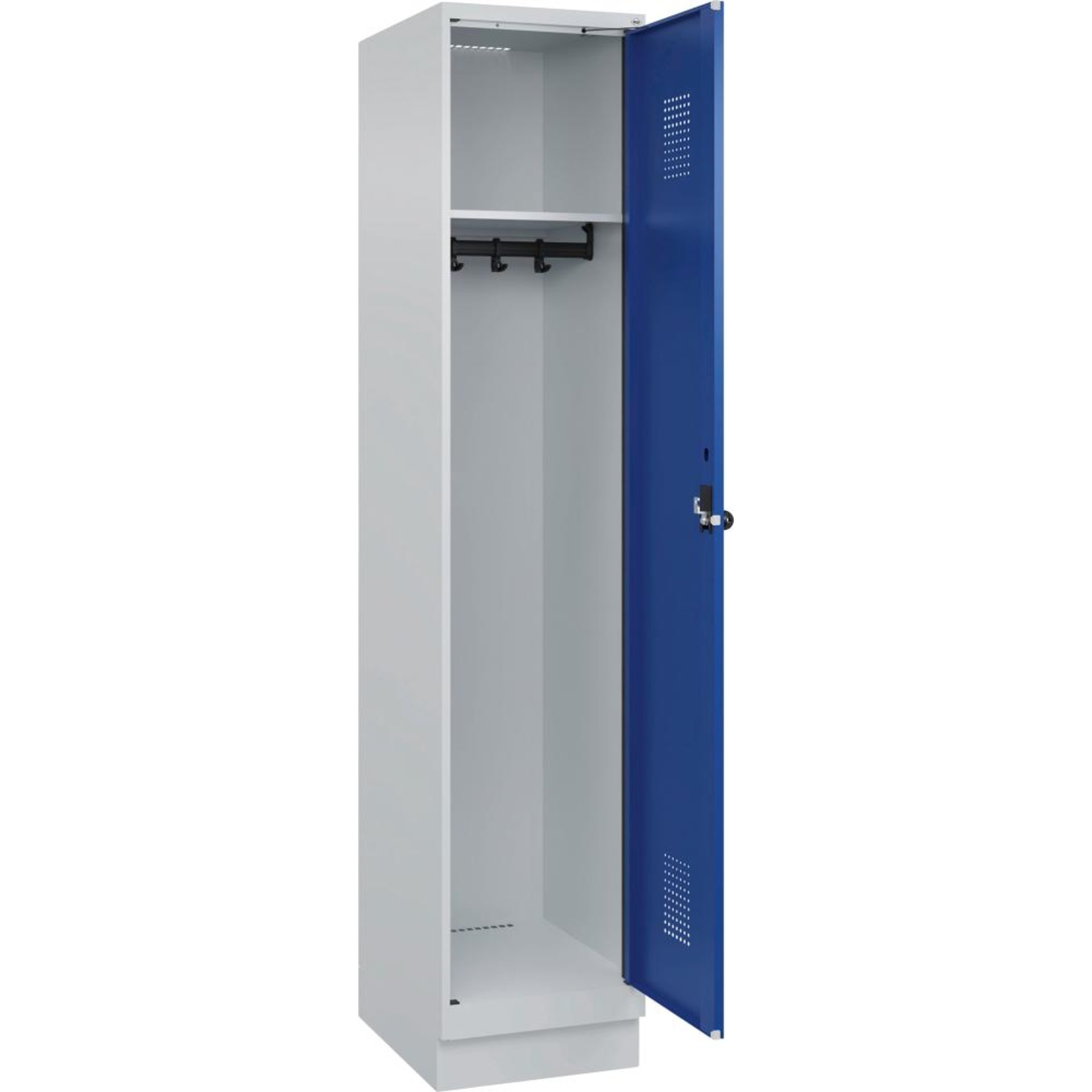 Garderobenschrank EVOLO mit 100 mm hohem Sockel RAL 7035/5010, 1 Abteil B400xT500xH1950mm