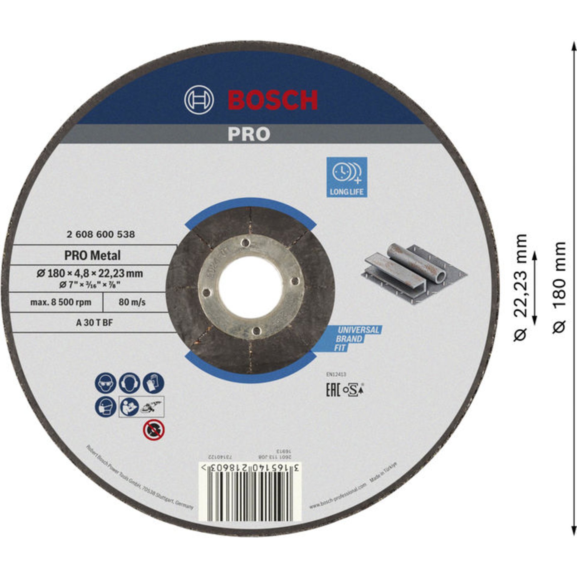 PRO Metal Gebundene Schleifscheibe, 180 x 4,8 x 22,23 mm