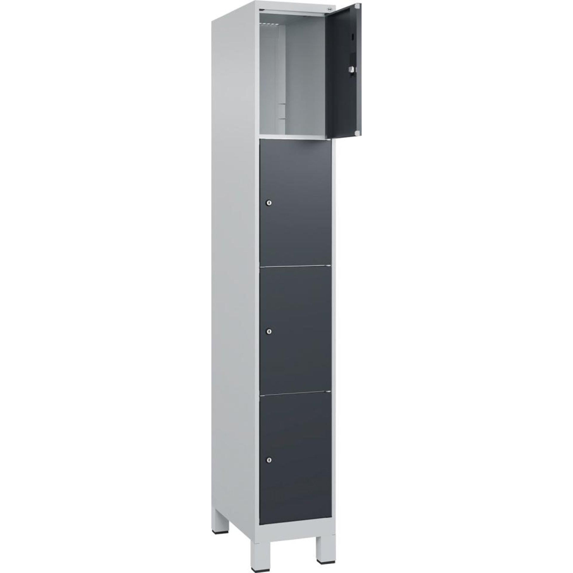 Fächerschrank CLASSIC B300xT500xH1950 mm RAL 7035/7016, 1x4 Fächermit 100 mm hohen Füßen