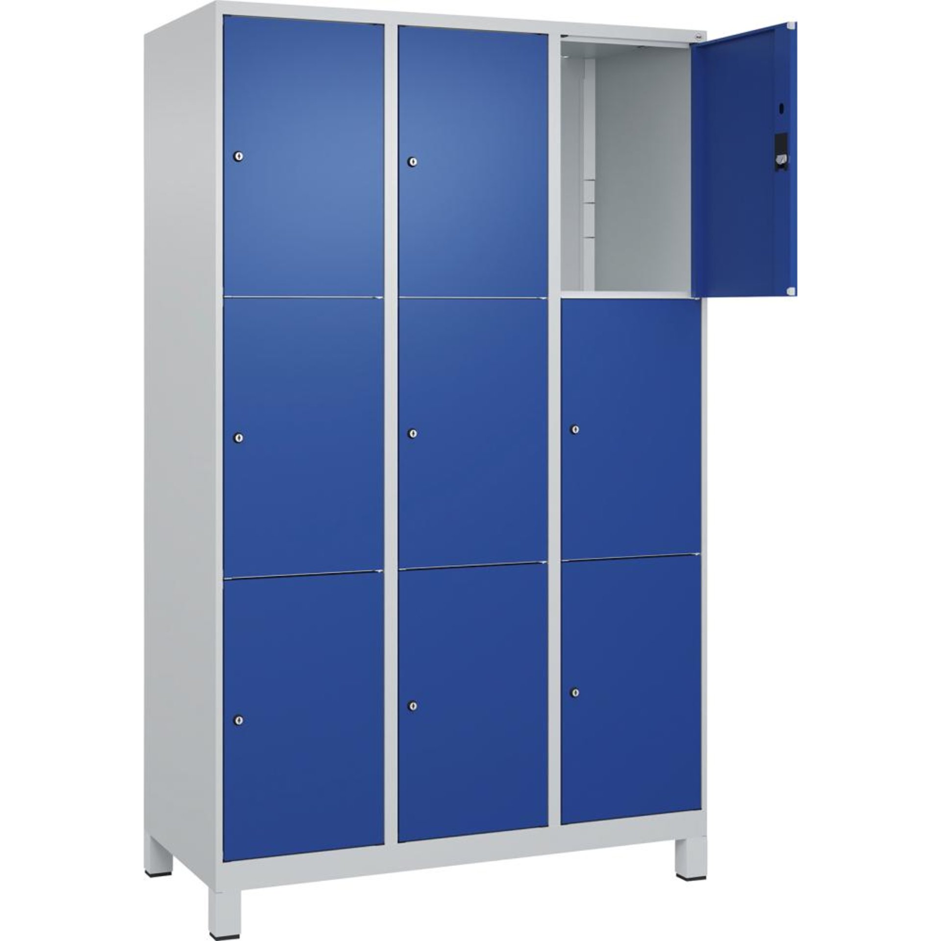 Fächerschrank CLASSIC B1200xT500xH1950 mm RAL 7035/5010, 3x3 Fächermit 100 mm hohen Füßen