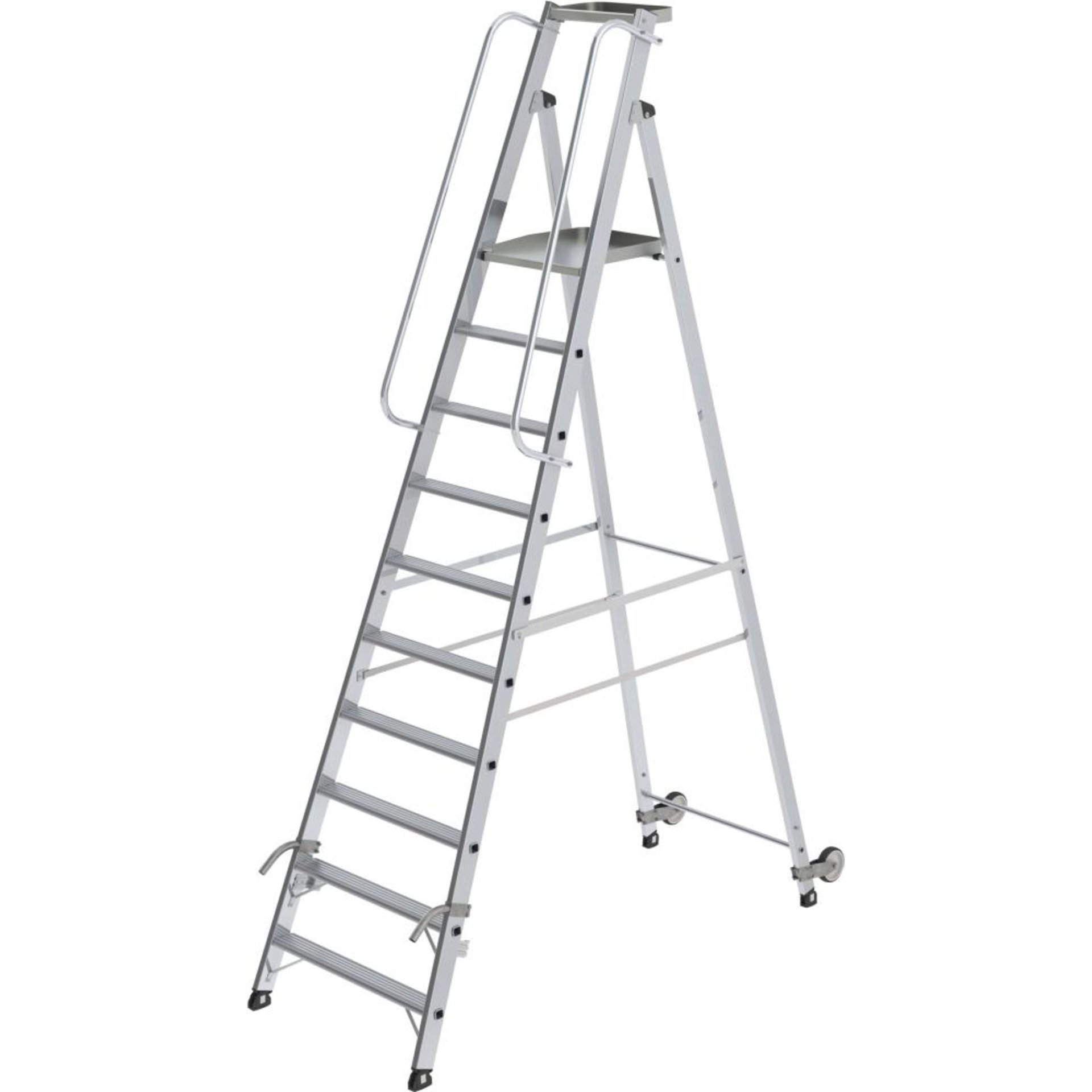 Alu-Stehleiter 10 Stufen, rollbar Gesamthöhe 3,05 m Arbeitshöhe bis 4,35 m