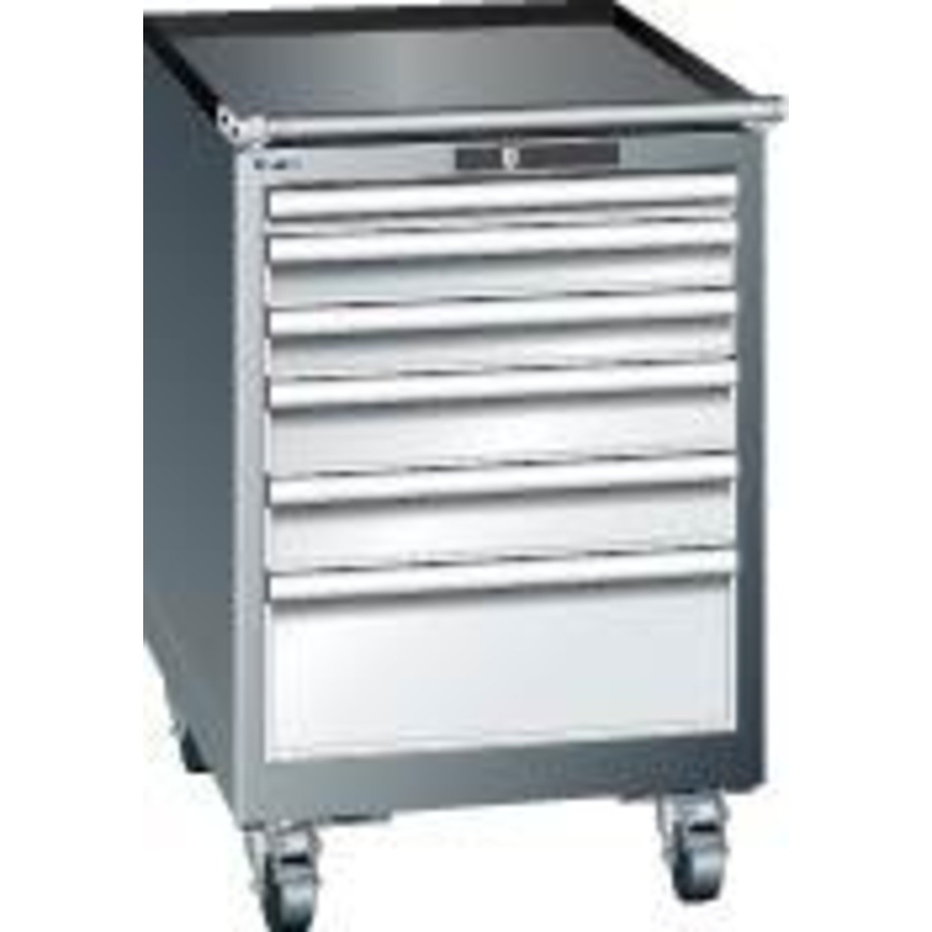 Schubladenschrank 27x27E B564xT572xH890mm RAL 5012 fahrbar 5 Schubladen 75kg LISTA
