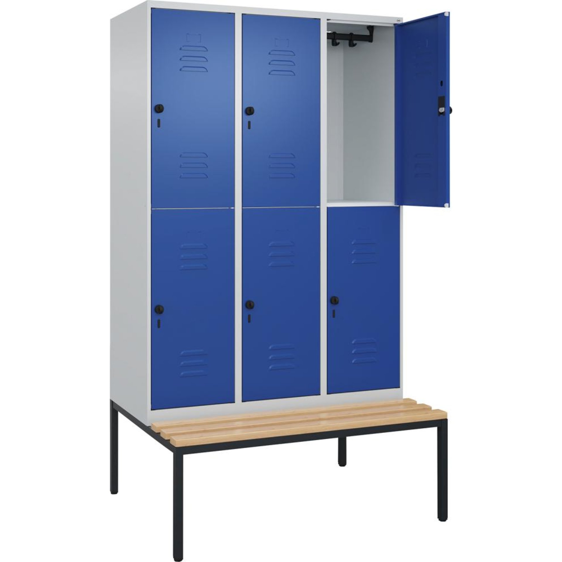 Doppelst. Schrank CLASSICB1200xT500xH2120 mm RAL 7035/5010, 3x2Abteilemit untergeb. Sitzbank