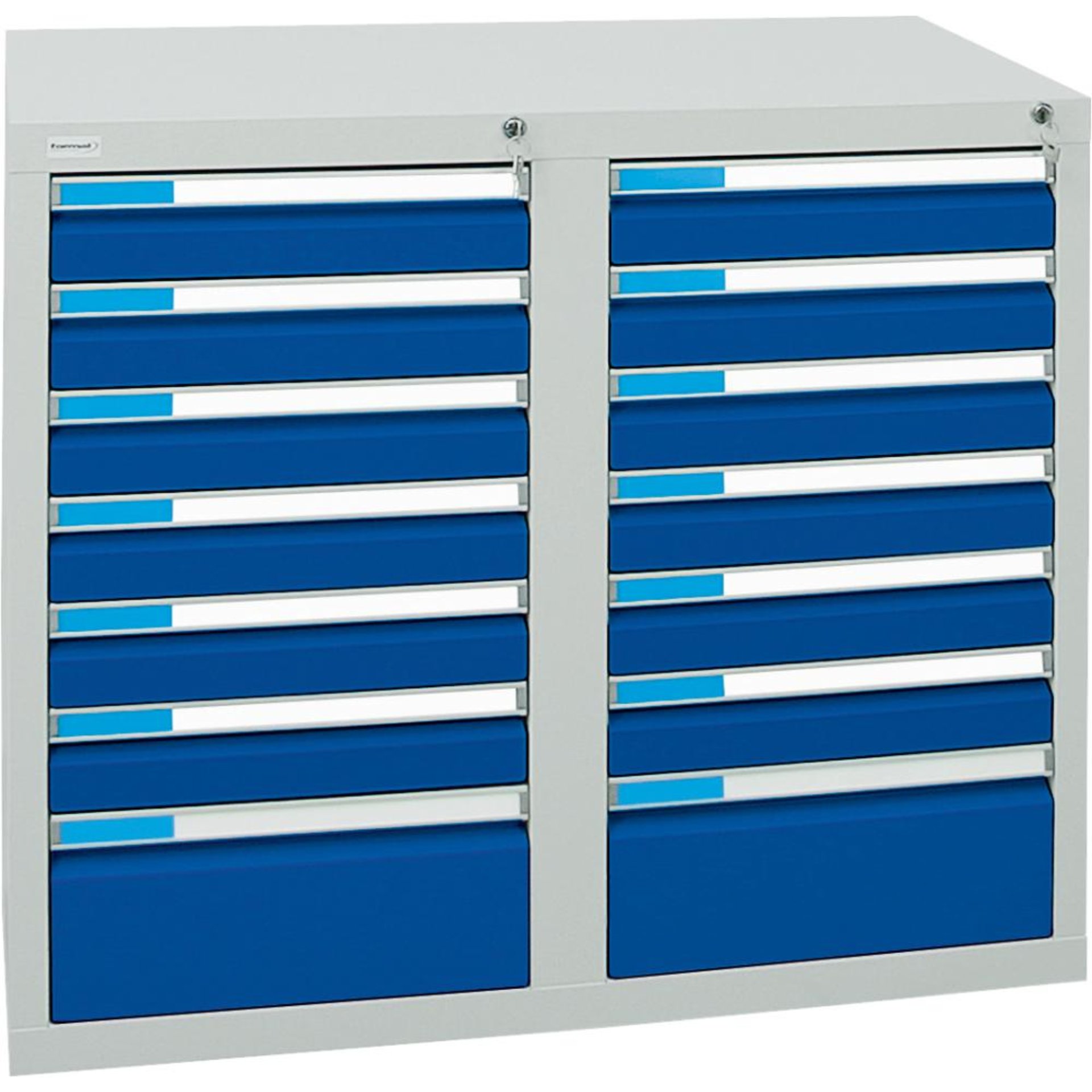 Format Schubladenschrank B500xT1000xH900mm RAL 7035/5010 14 Schubladen 75kg