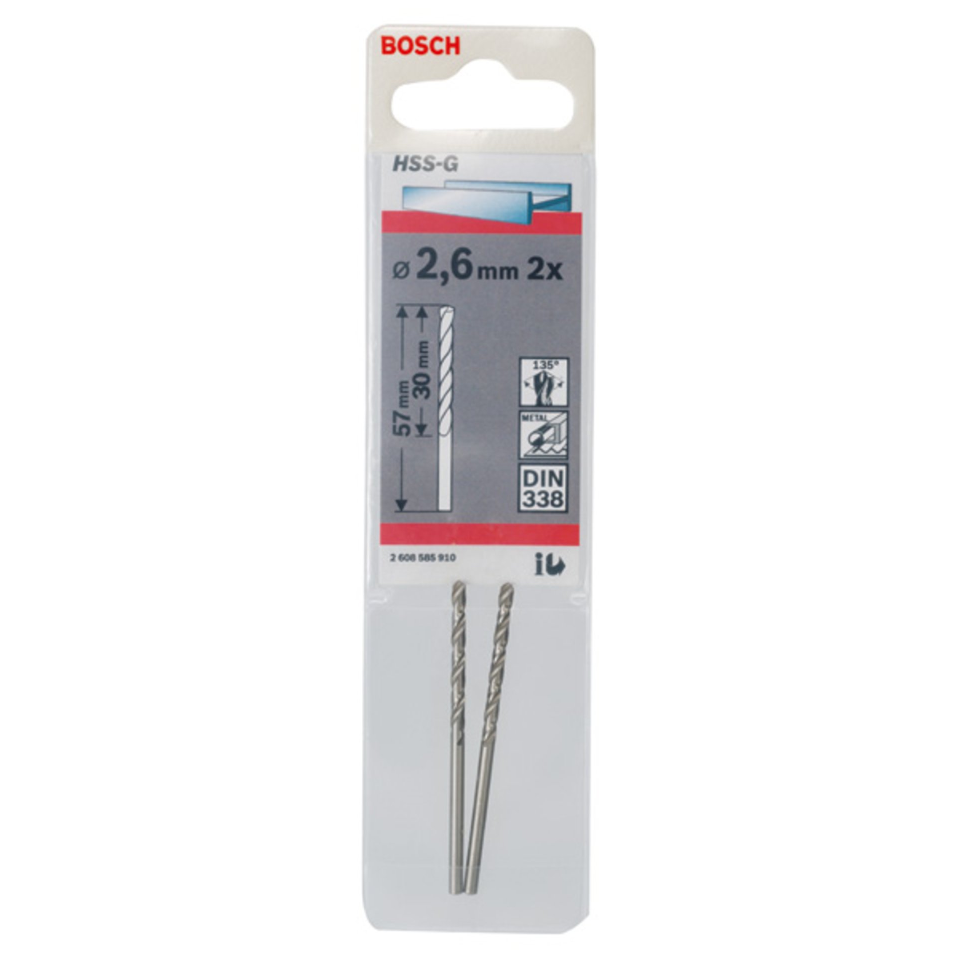 Metallbohrer HSS-G, DIN 338, 2,6 x 30 x 57 mm, 2er-Pack