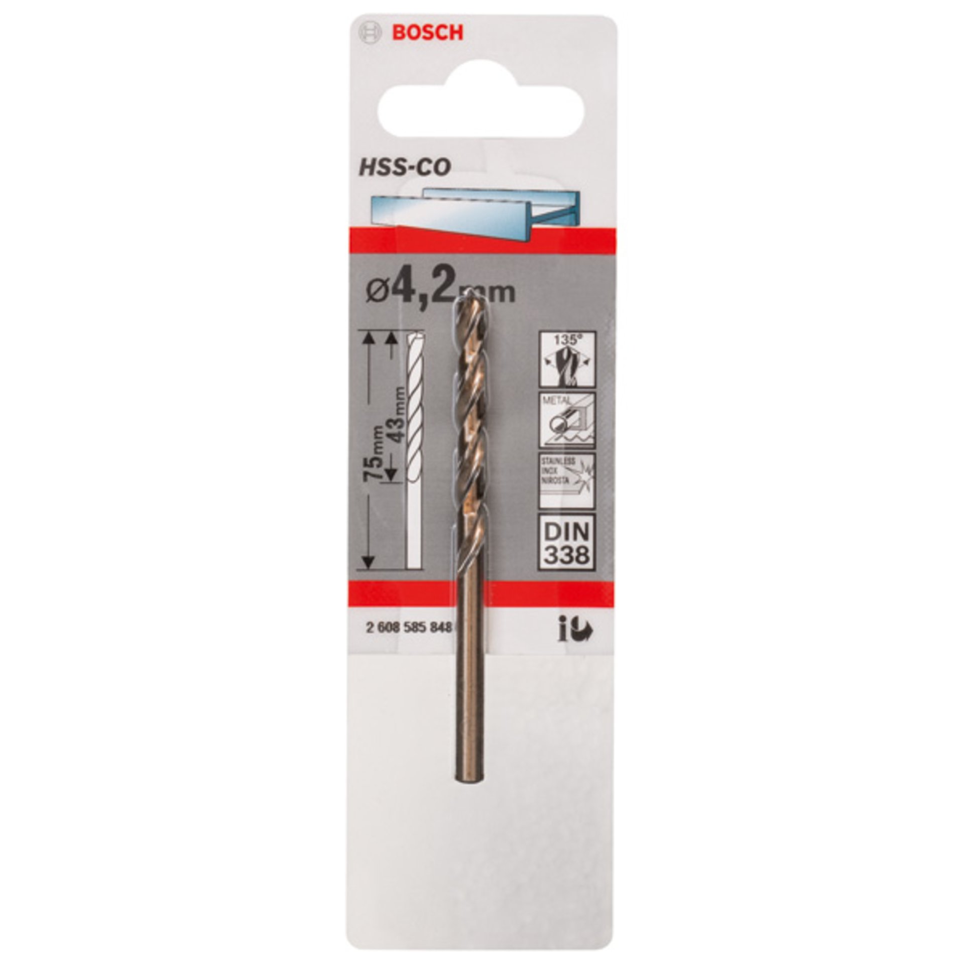 Metallbohrer HSS-Co, DIN 338, 4,2 x 43 x 75 mm, 1er-Pack