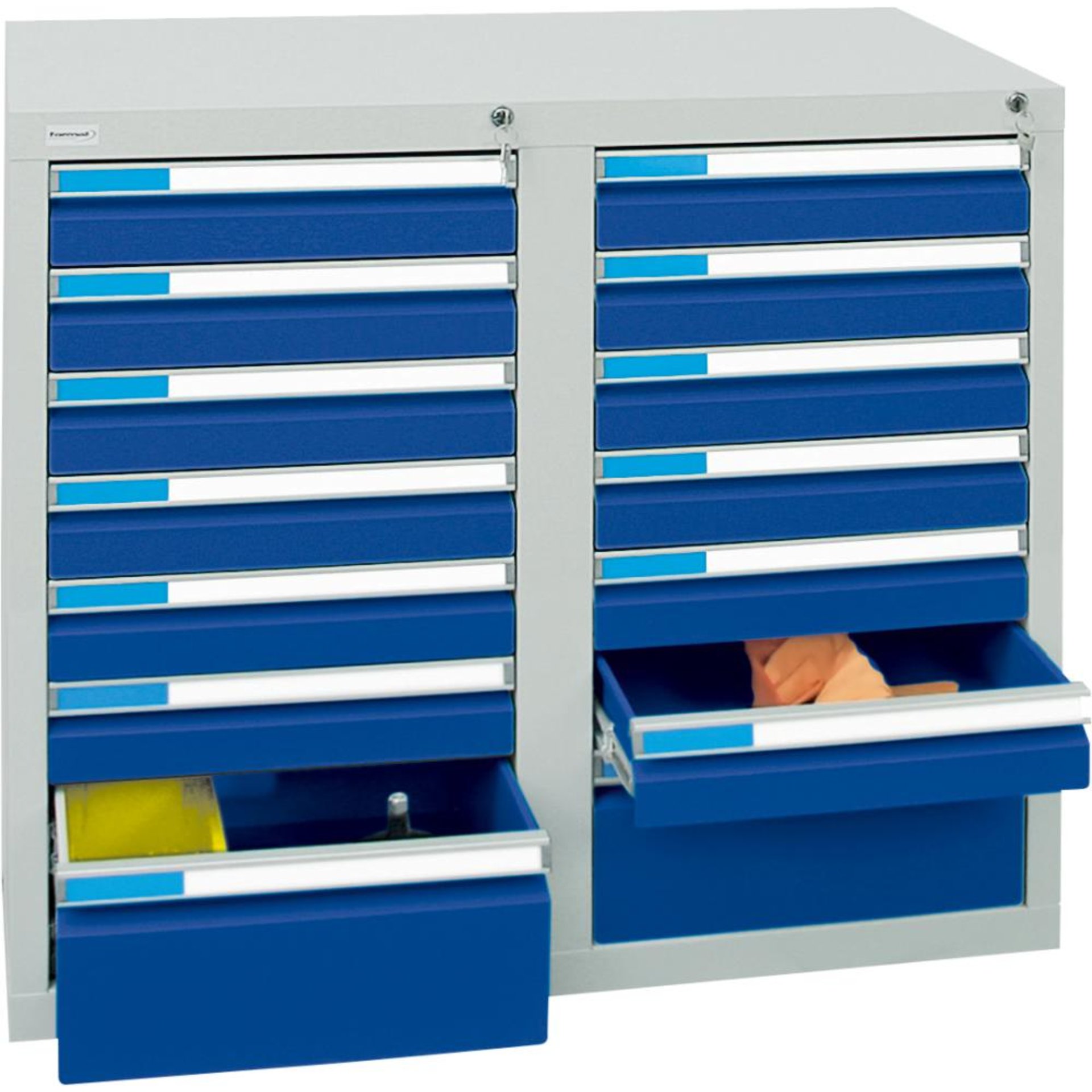 Format Schubladenschrank B500xT1000xH900mm RAL 7035/5010 14 Schubladen 75kg