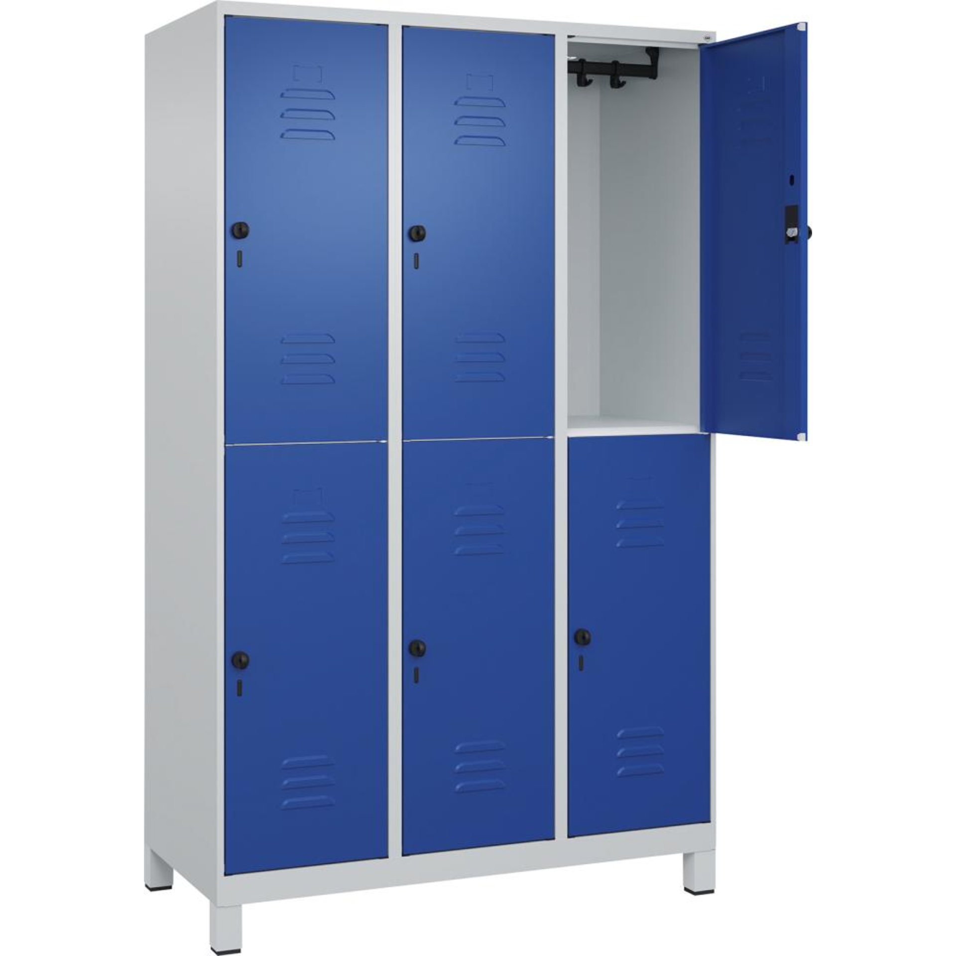 Doppelst. Schrank CLASSICB1200xT500xH1950 mm RAL 7035/5010, 3x2Abteilemit 100 mm hohen Füßen