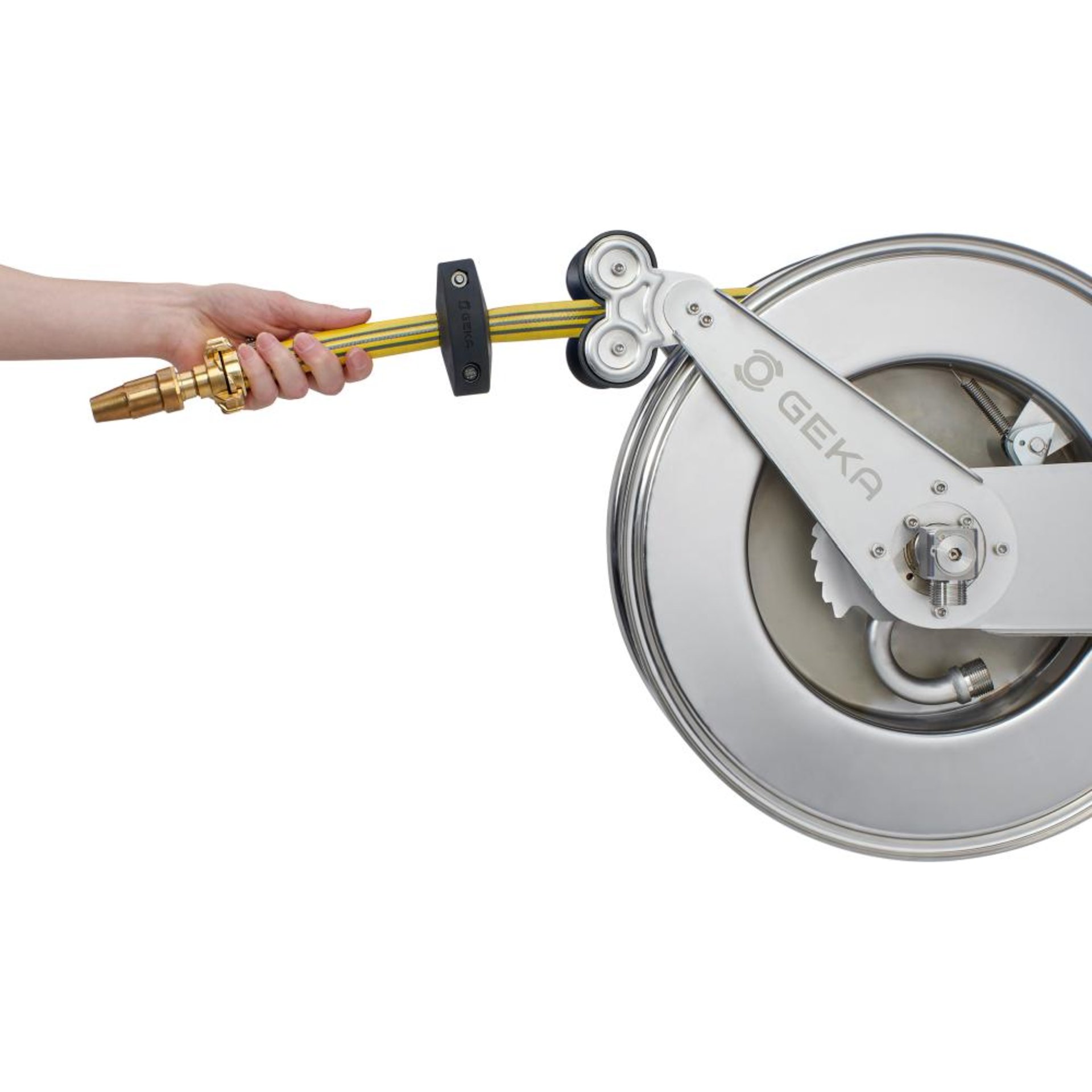 GEKA plus automatischer Schlauchaufroller EA15SK,Edelstahl, inkl. 12,5m PVC-Schlauch 3/4" & Arm.