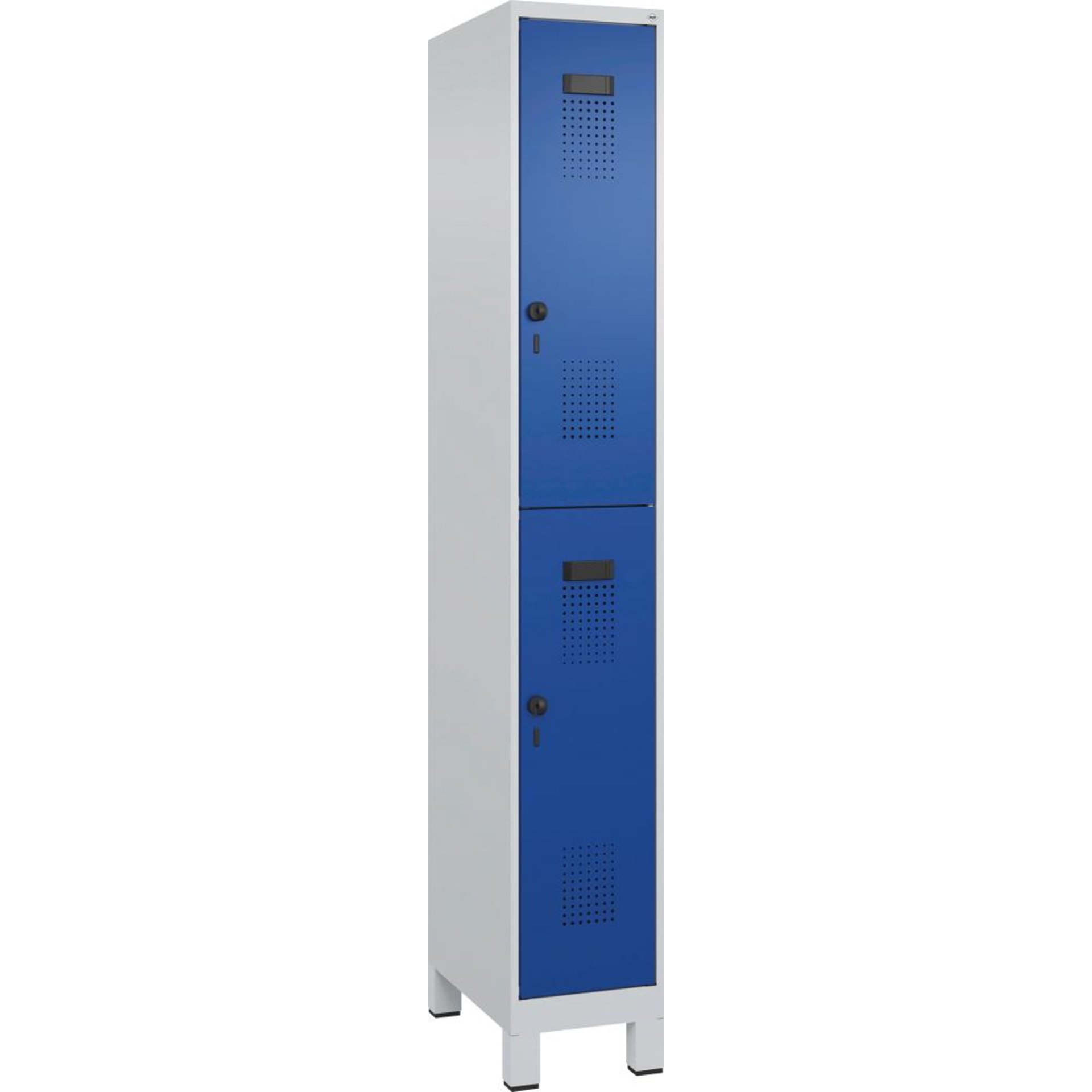 Doppelst. Schrank EVOLO mit 100 mm hohen Füßen RAL7035/5010, 1x2Abteile B300xT500xH1950mm