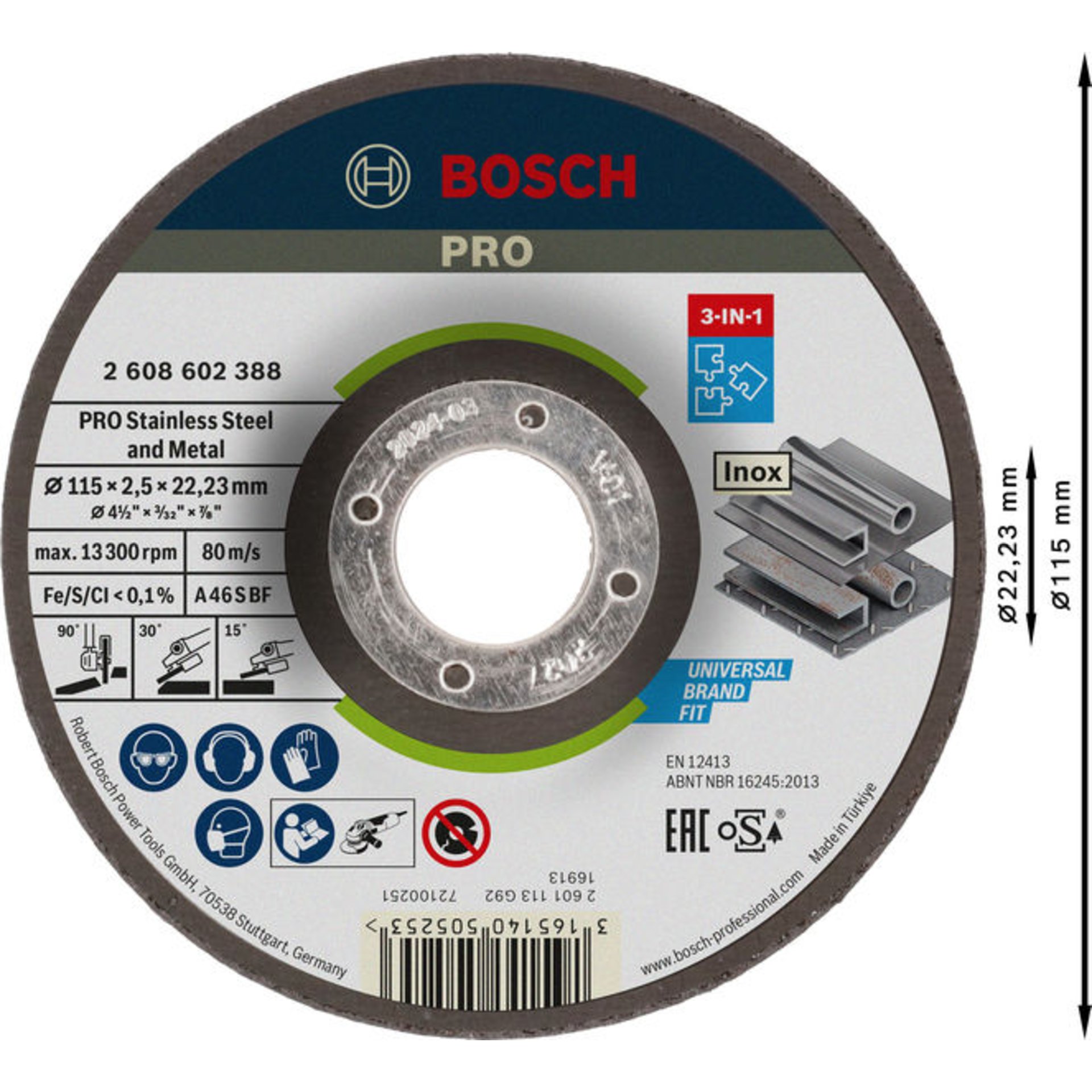 PRO Stainless Steel and Metal Gebundene 3-in-1-Disc, 115 x 2,5 x 22,23 mm