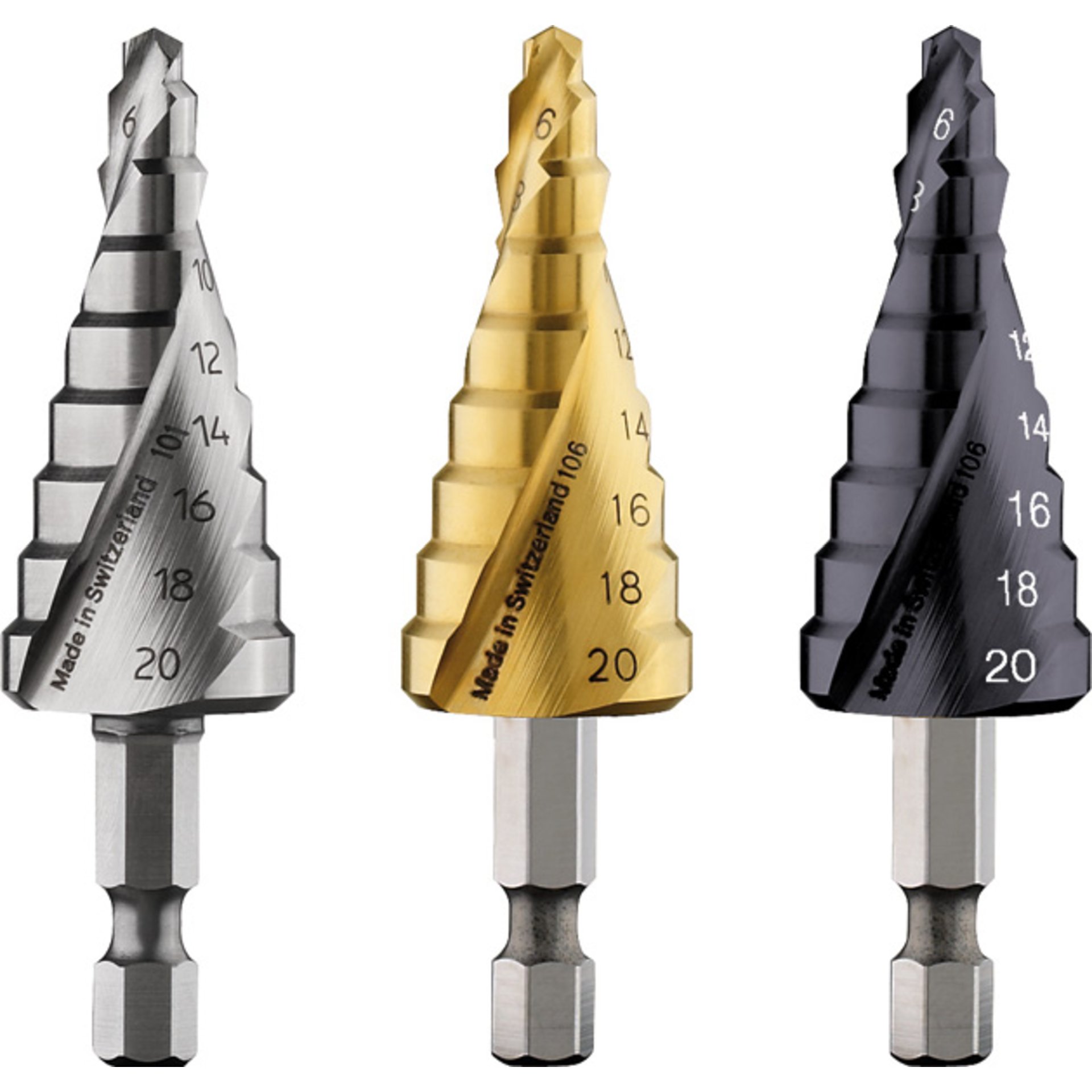 Stufenbohrer HSS-TiN, 4 - 20 mm, 1/4-Zoll, 70,5 mm, 9 Stufen