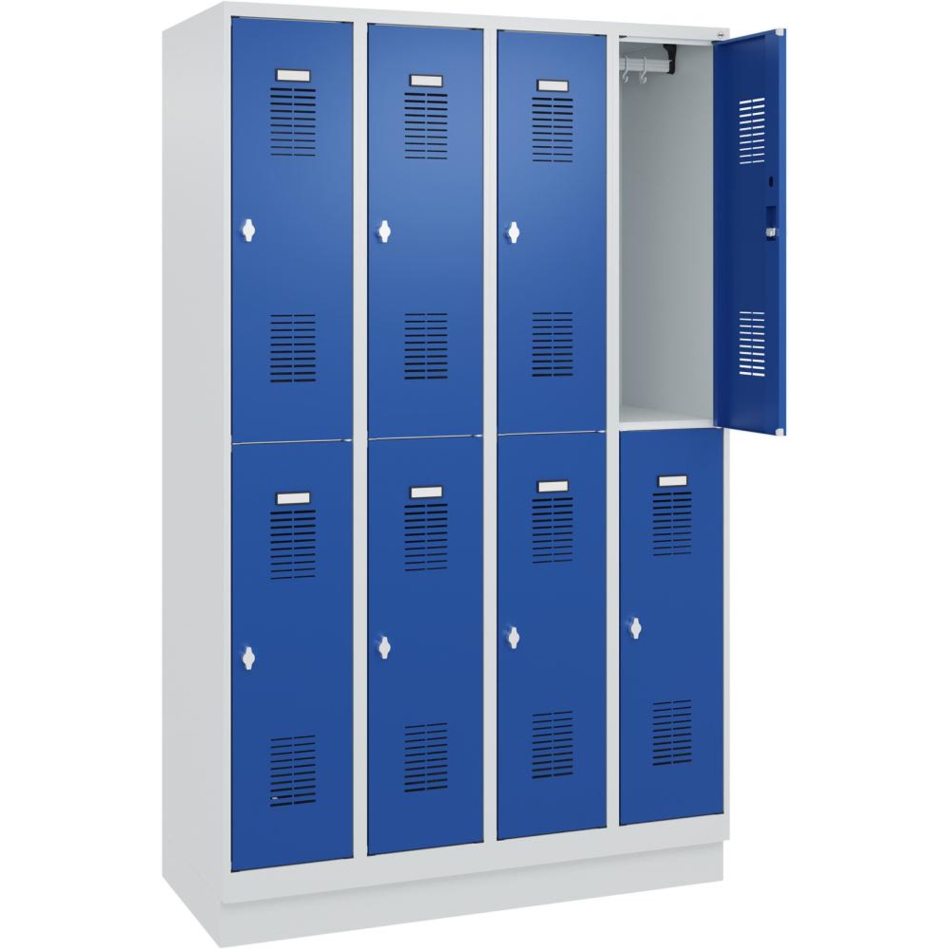FORMAT Garderobenschrank B1200xT500xH1950 mm RAL7035/5010, 4x2 Abteileu. Sockel (Selbstmontage)