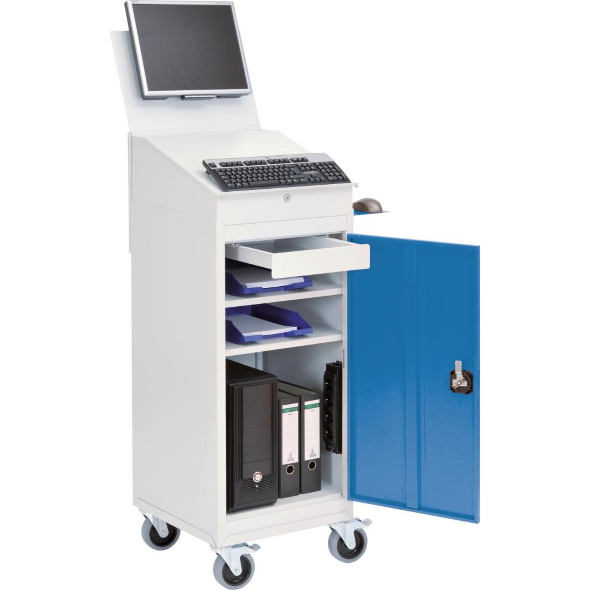 Computerschrank Office mobil 1 Tür 1 Schublade 4er-Steckd. VESA-Halter B500xT500xH1725mm