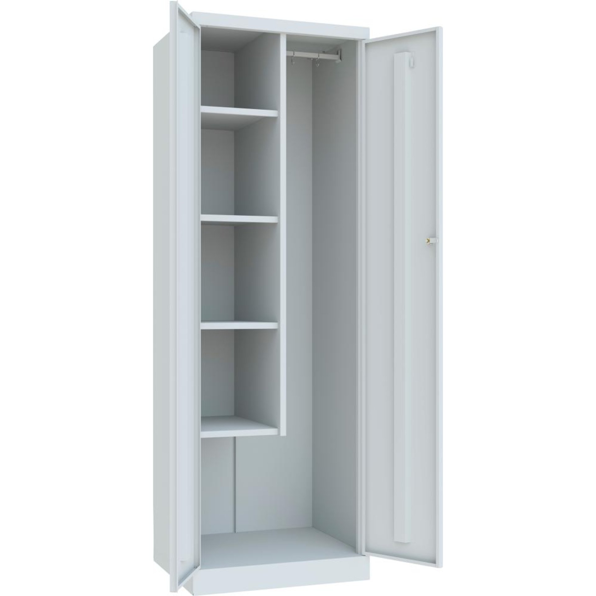 Putzmittelschrank Trennwand, 4 Böden 180° auf Sockel RAL 7035 B600xT500xH1800mm