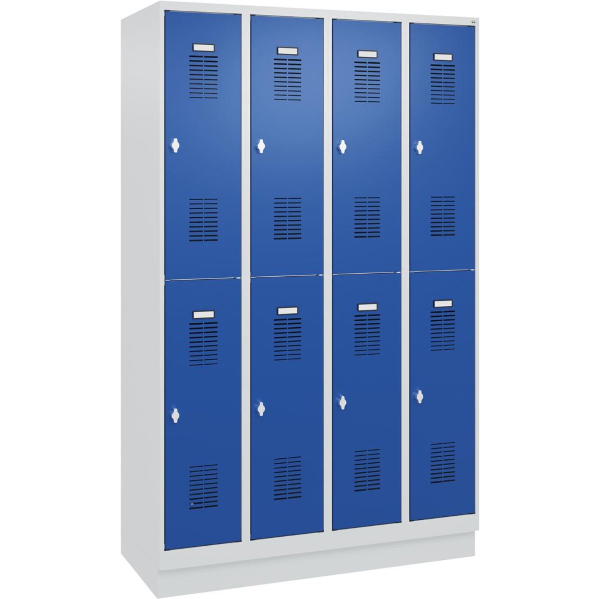 FORMAT Garderobenschrank B1200xT500xH1950 mm RAL7035/5010, 4x2 Abteileu. Sockel (Selbstmontage)