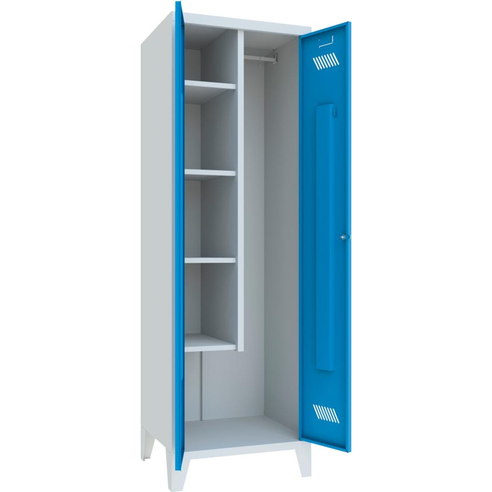 Putzmittelschrank verk. Trennwand, 4 Böden auf Füßen RAL 7035/5012 B600xT500xH1850mm