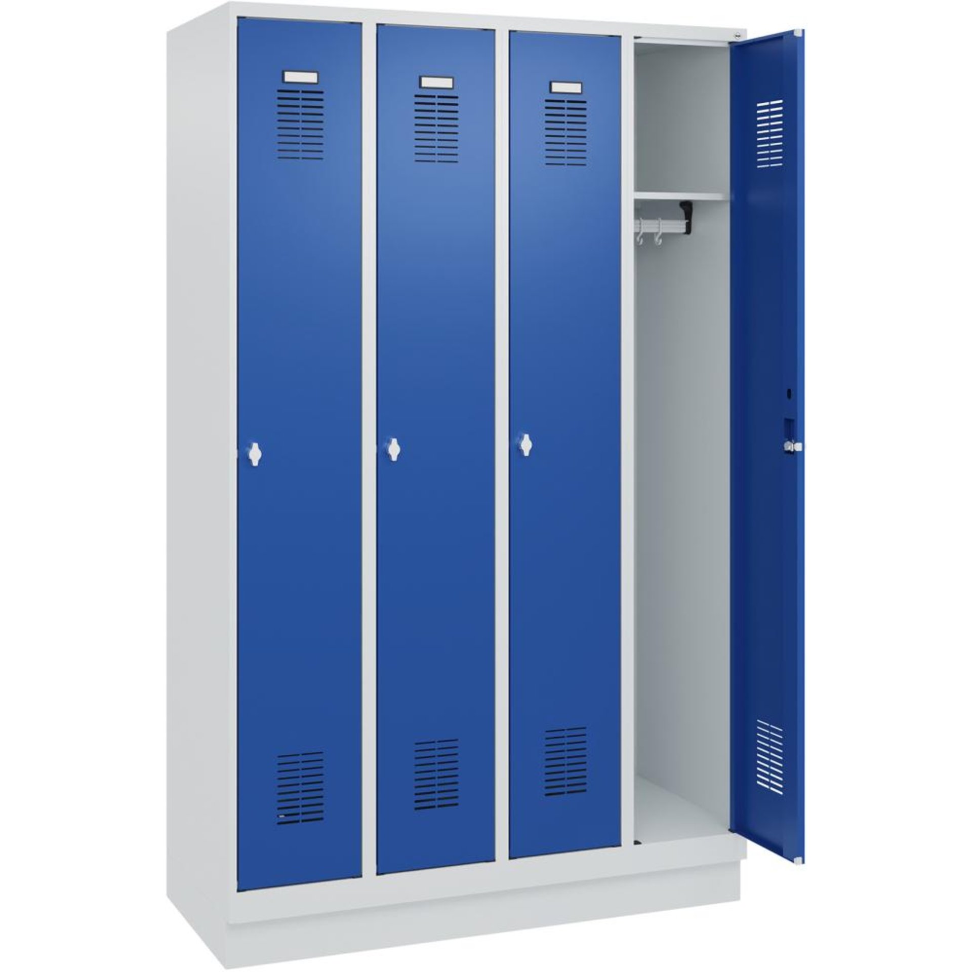 FORMAT Garderobenschrank B1200xT500xH1950 mm RAL 7035/5010, 4 Abteile u. Sockel (Selbstmontage)