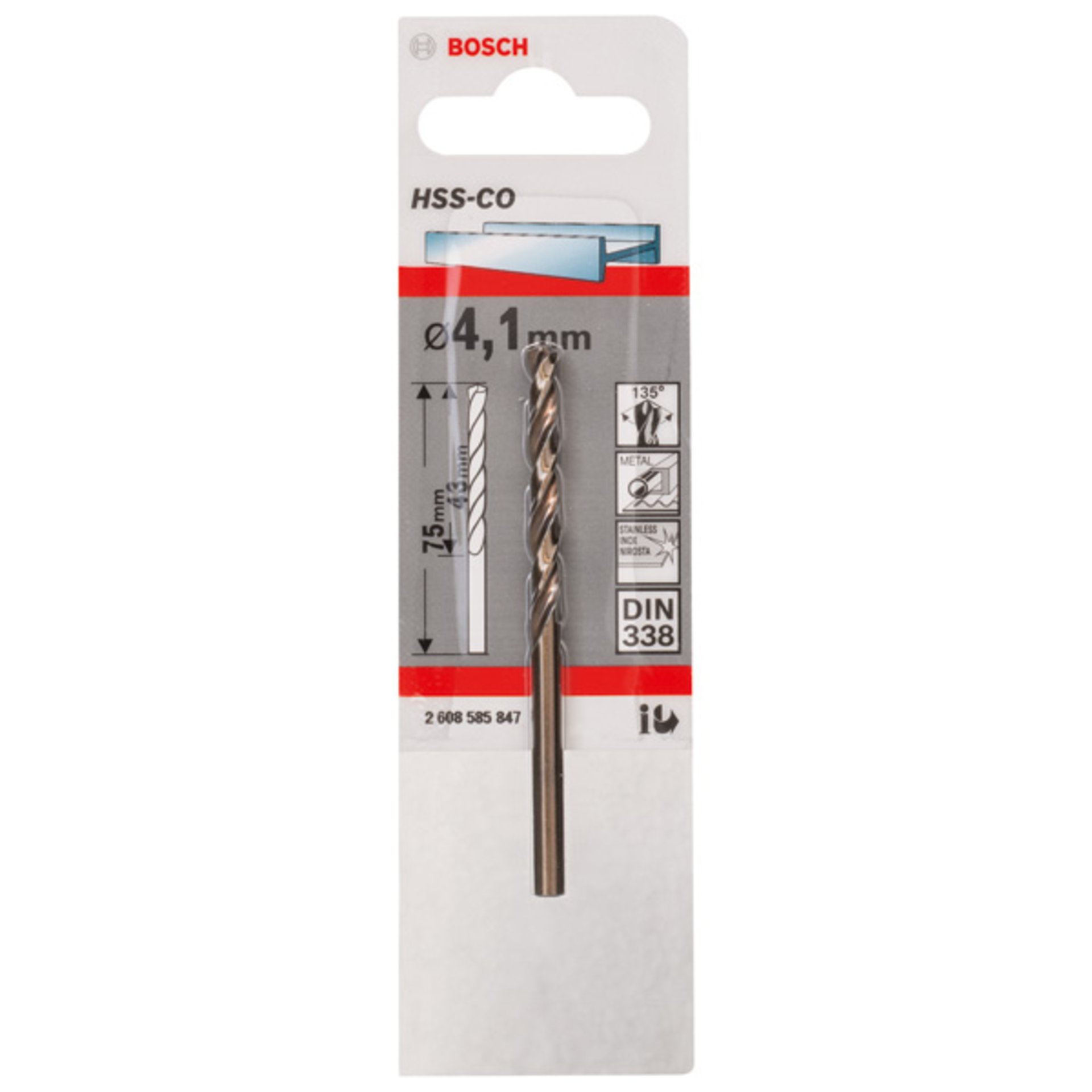 Metallbohrer HSS-Co, DIN 338, 4,1 x 43 x 75 mm, 1er-Pack