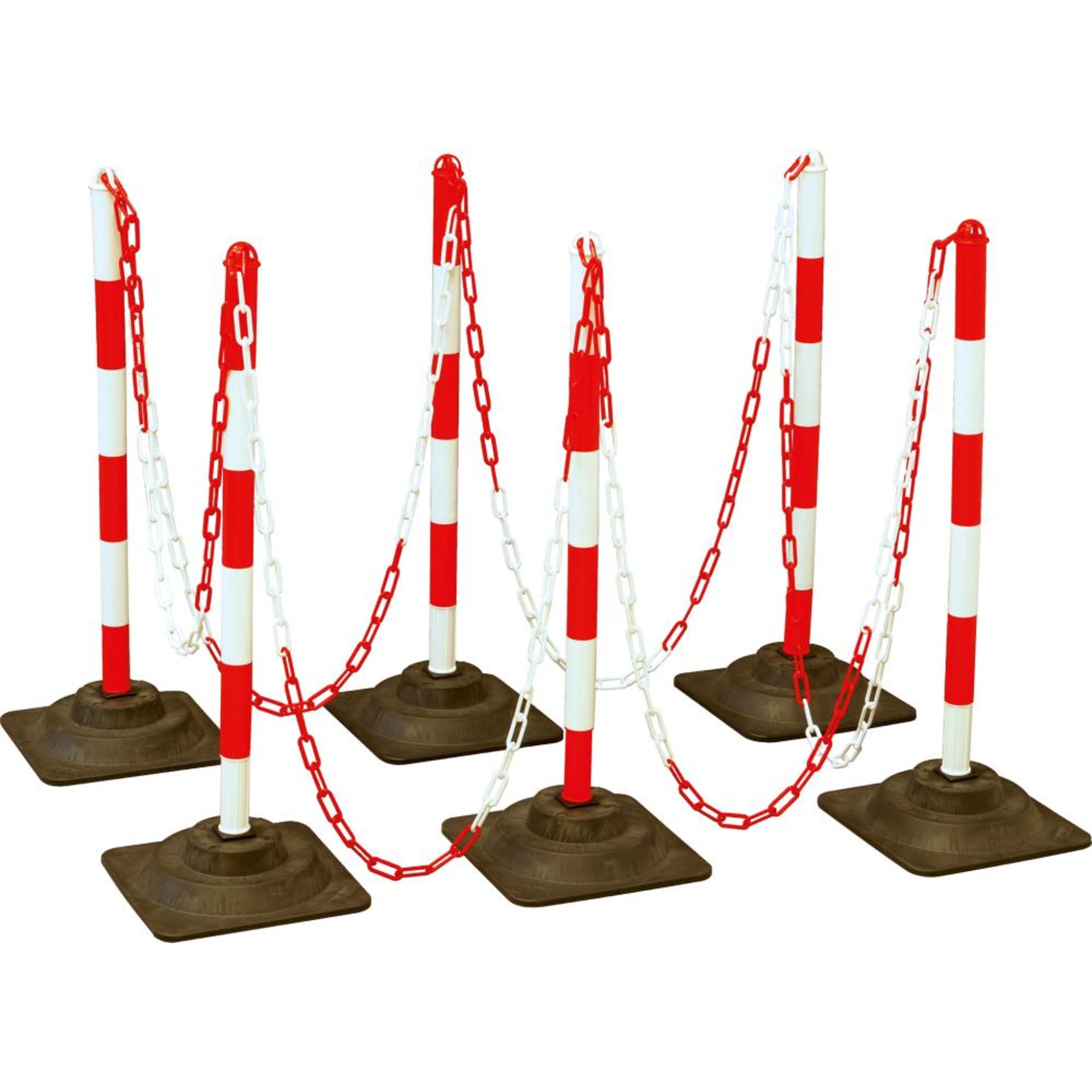 Kettenpfosten-Set EcoMax mit 10 m Absperrkette 3x rot/weiß, 3x weiß/rot,6x Hartgummifuß