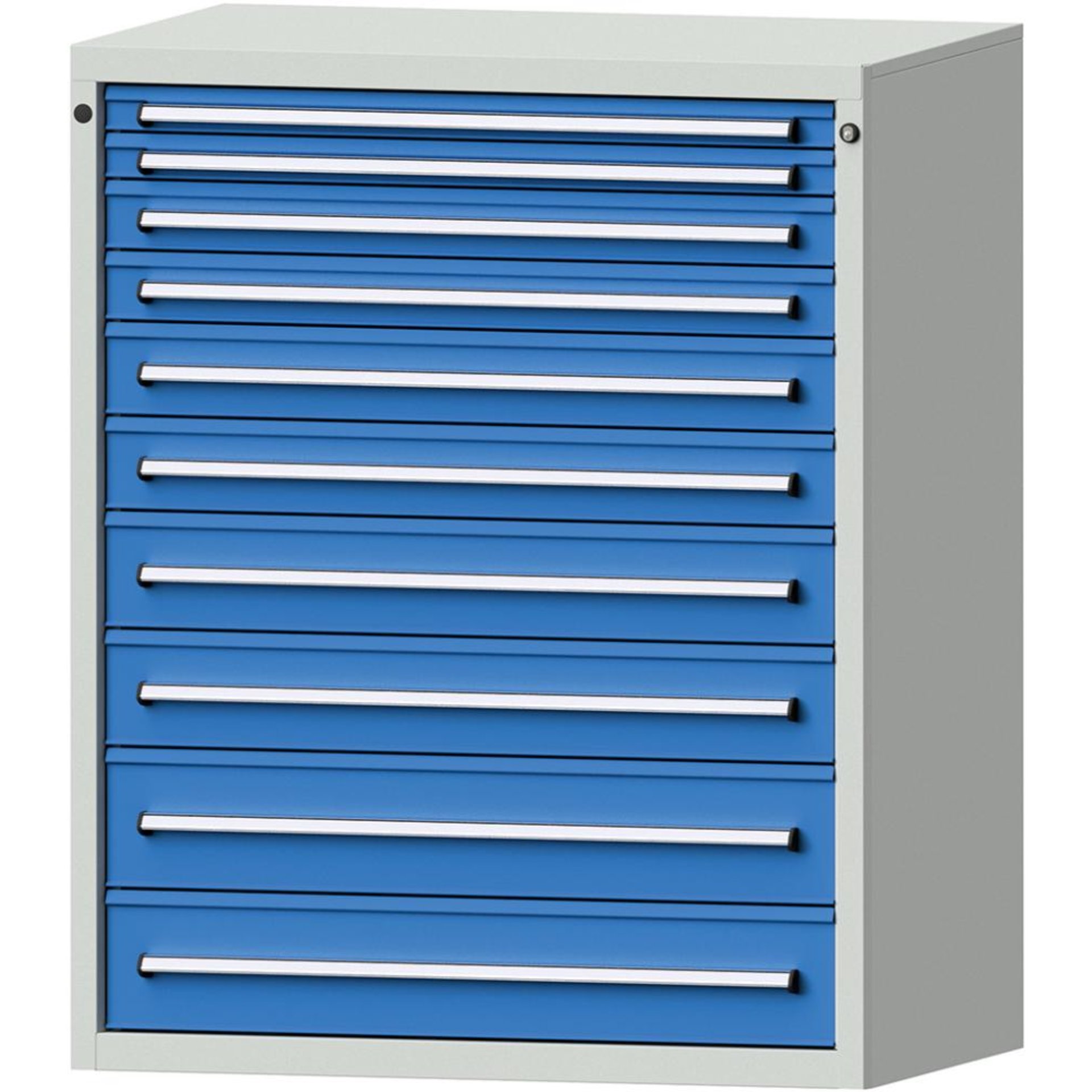 Format Schubladenschrank B1060xT675xH1300mm RAL7035/5012 10 Schubladen 75kg