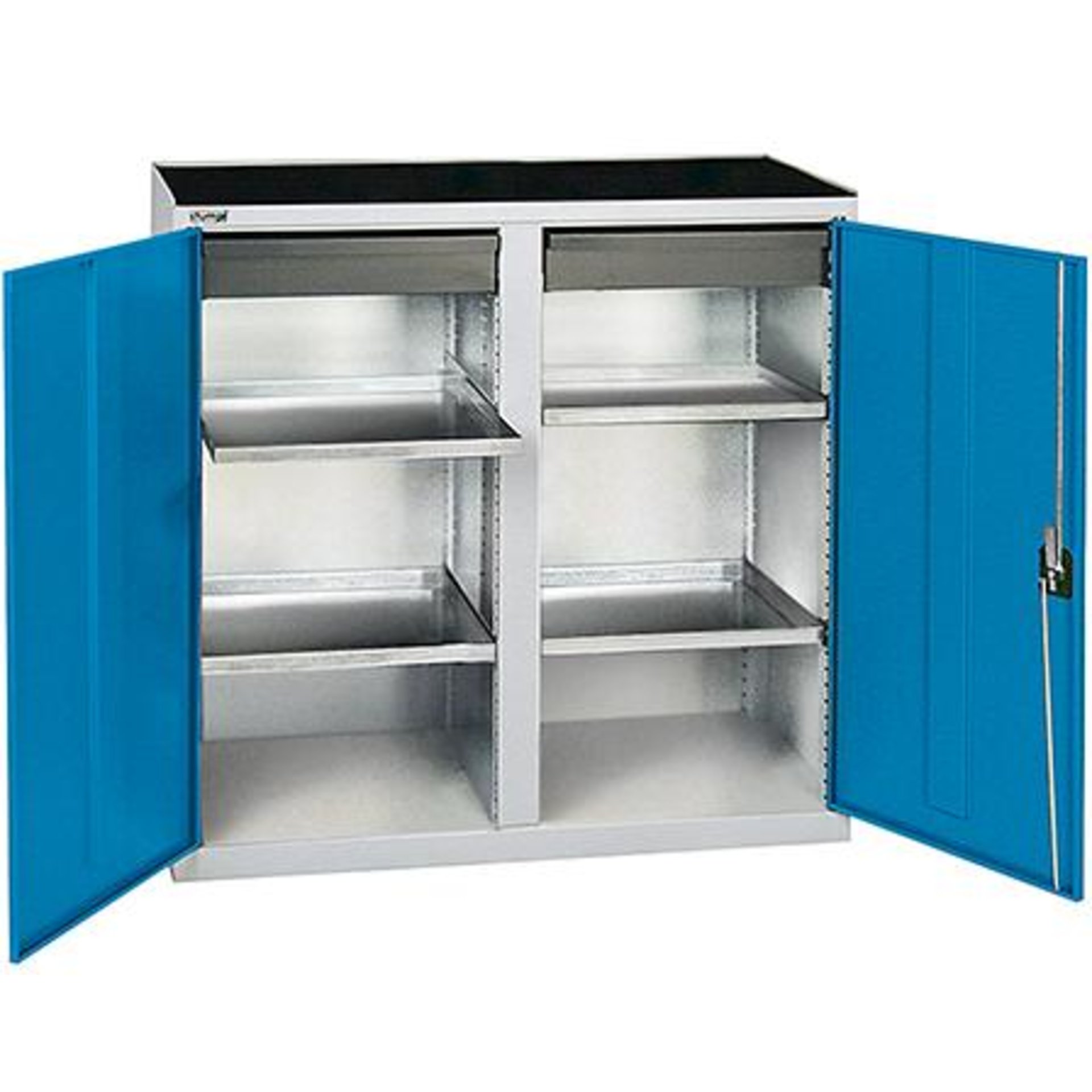Werkzeugschrank B1000xT500xH1000 mm RAL 7035/5012 2 Schubladen, 4 Wannen
